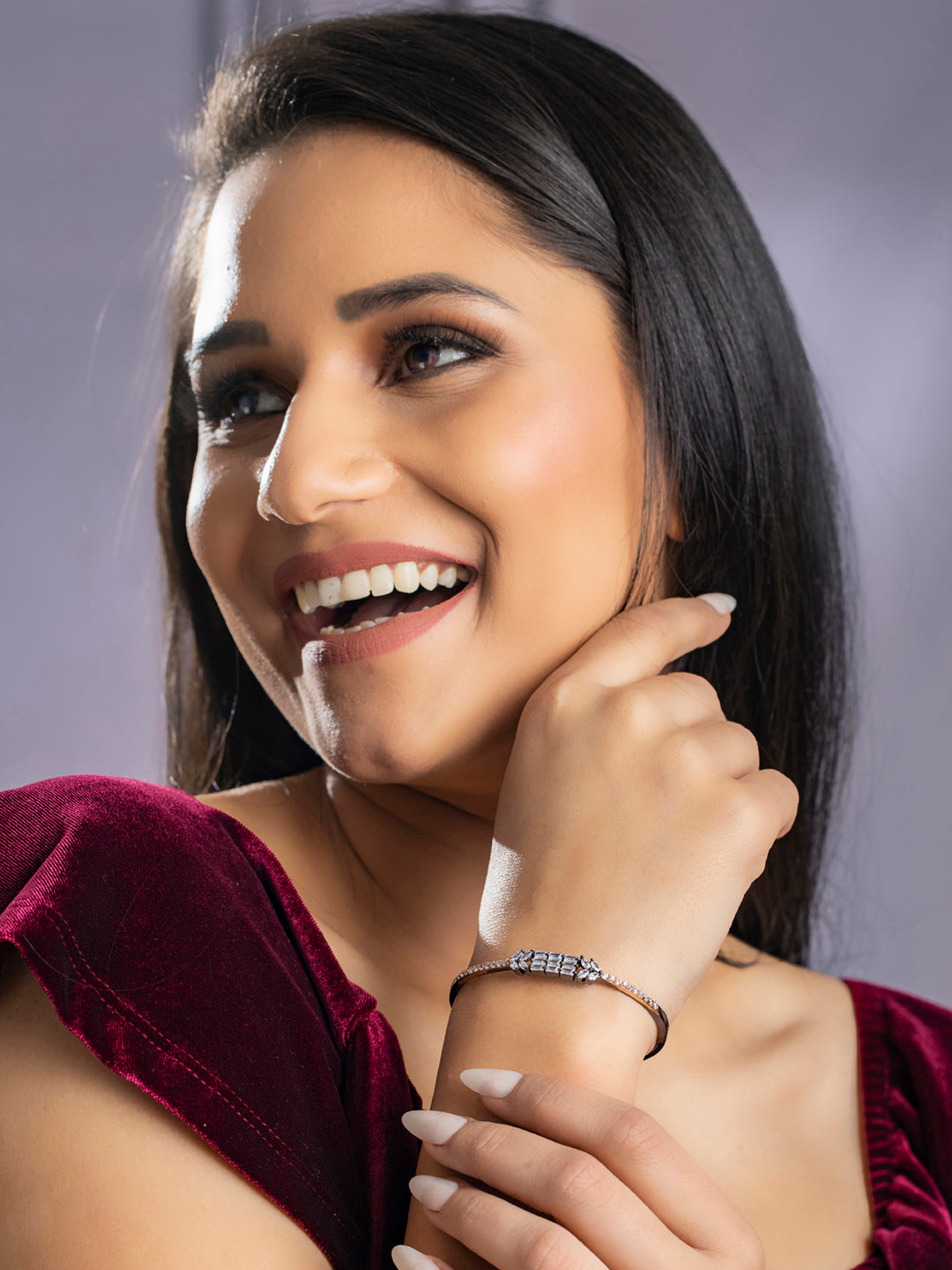 Priyaasi Women Dual Toned American Diamond Leaf Bracelet 