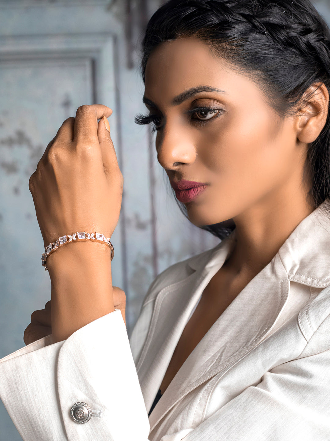 Priyaasi Women American Diamond Rose Gold Floral Bracelet 