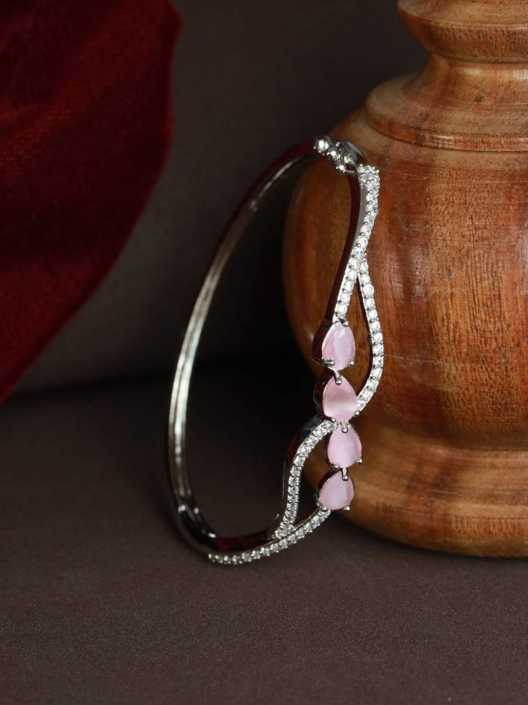 Priyaasi Women Pink Leaf American Diamond Silver Plated Bracelet | Grab2Buy