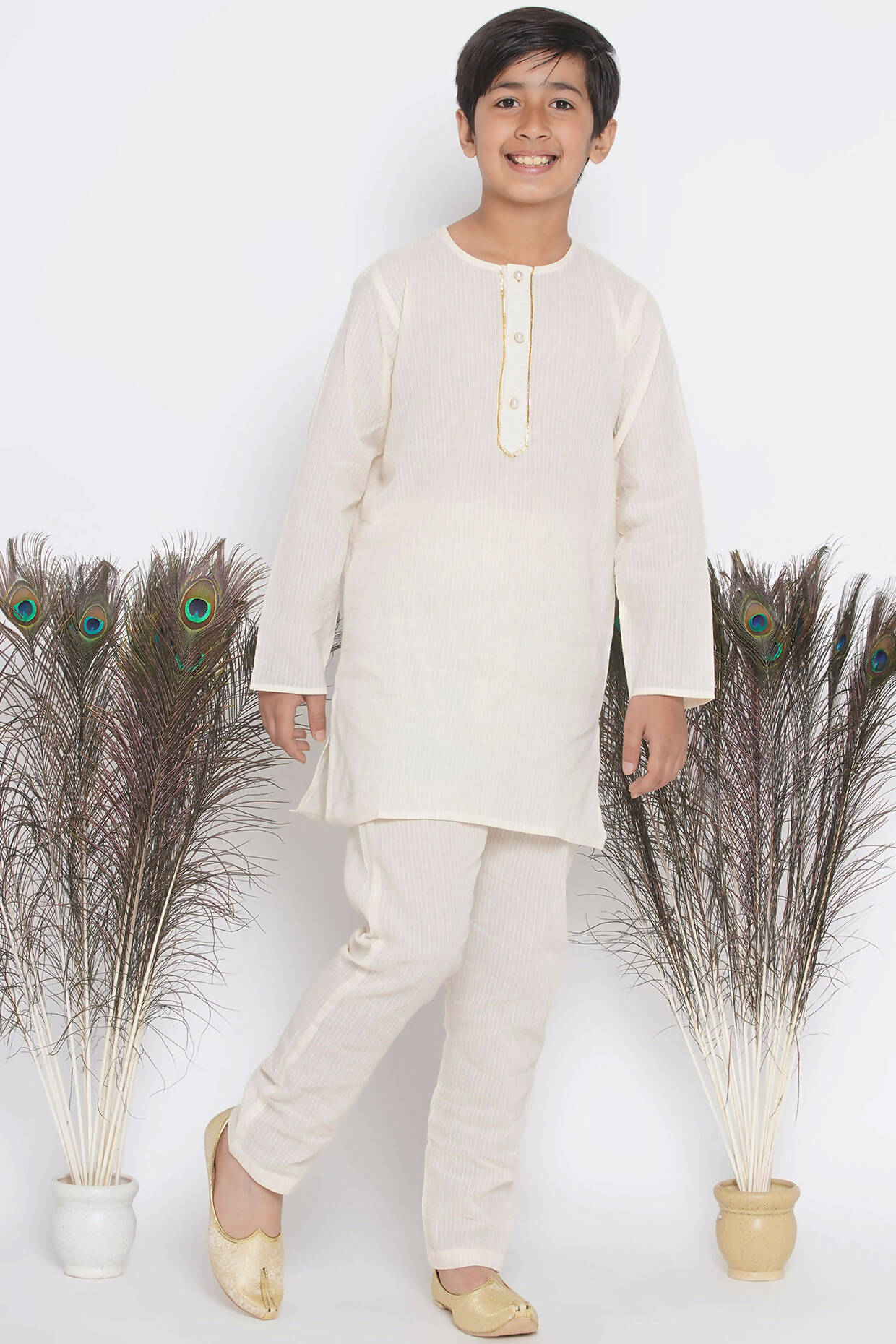 Little Bansi Banarsi Silk Blue Floral Embroidery Jacket with Cotton Kantha kurta and Kantha Pyjama - Cream