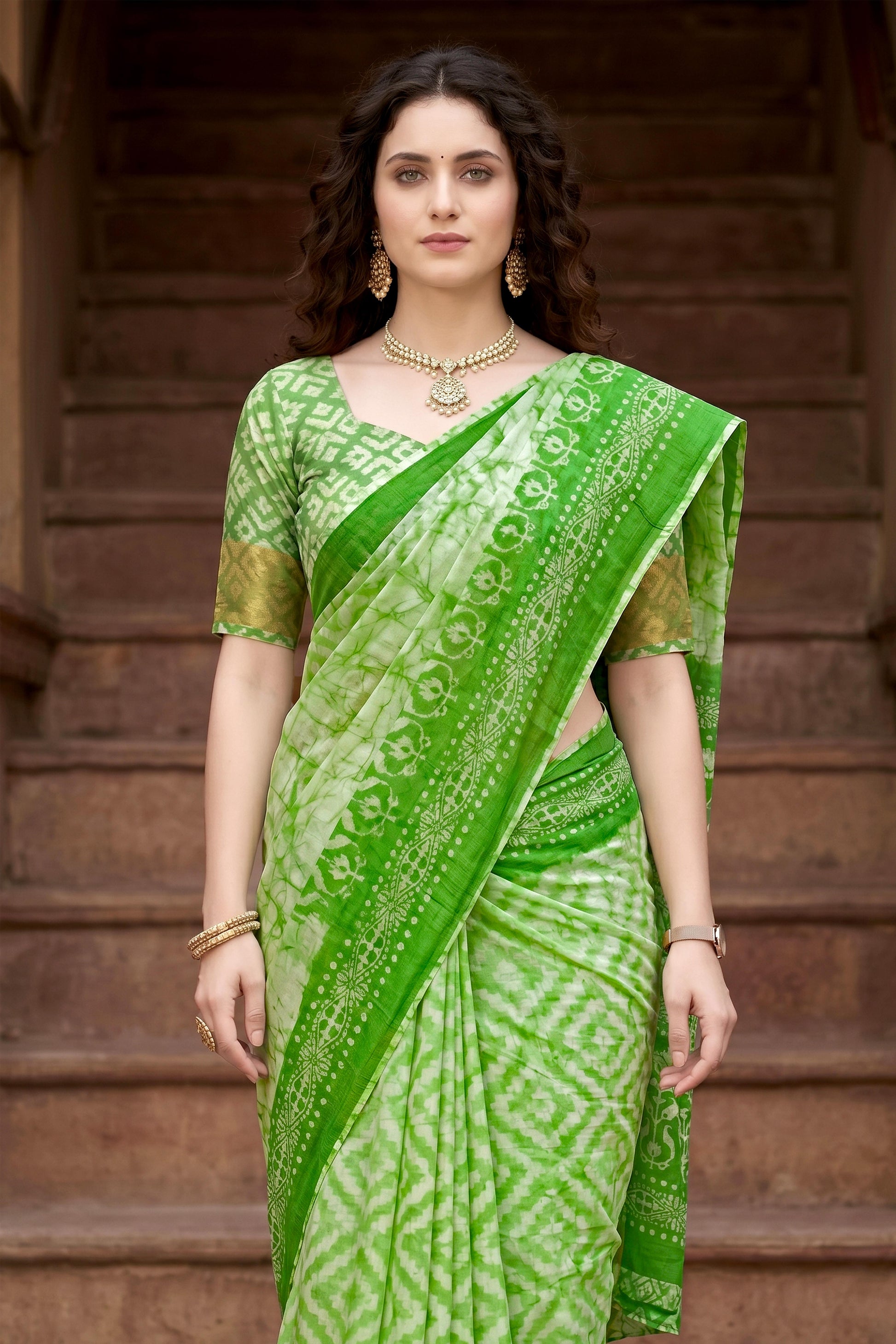 Sangam Prints Pista Green Cotton Print Woven Work Traditional Saree