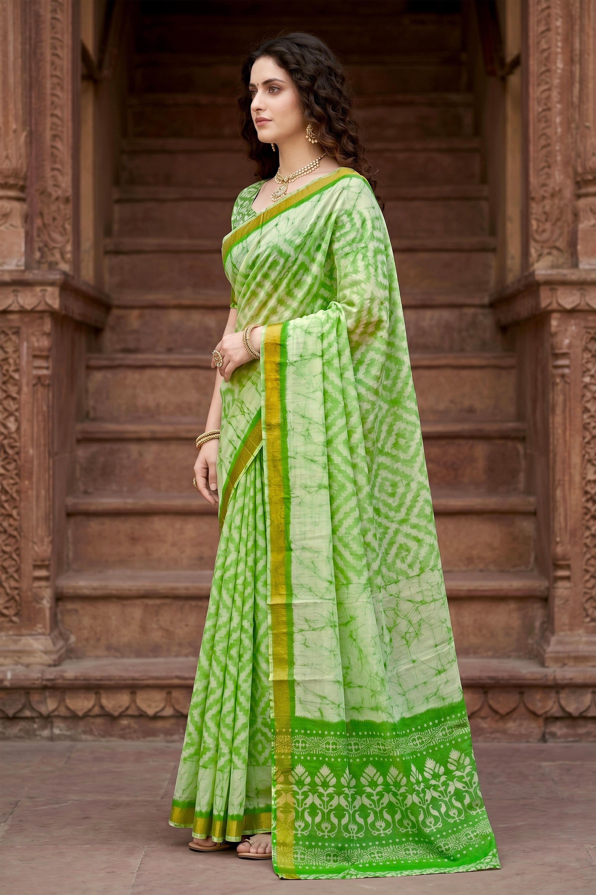 Sangam Prints Pista Green Cotton Print Woven Work Traditional Saree
