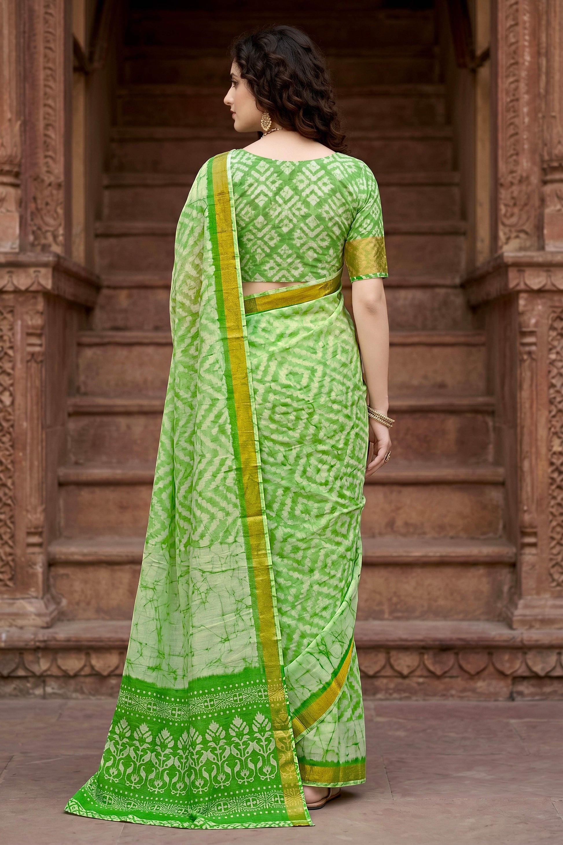 Sangam Prints Pista Green Cotton Print Woven Work Traditional Saree