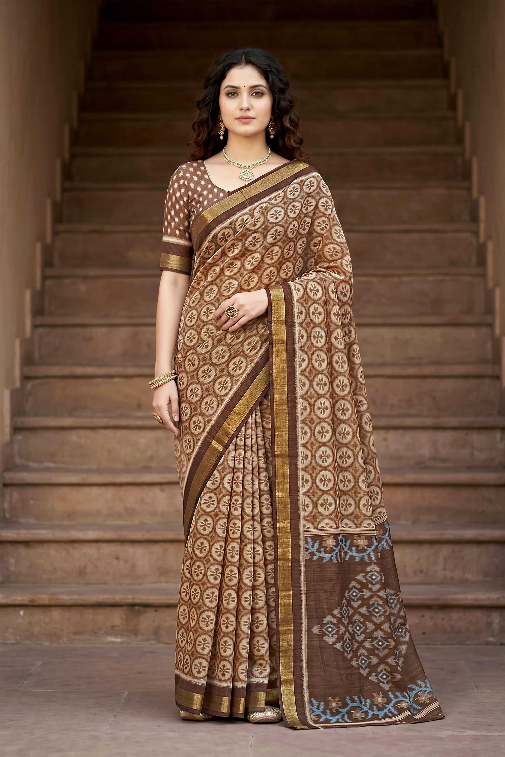 Sangam Prints Brown Cotton Print Woven Work Traditional Saree