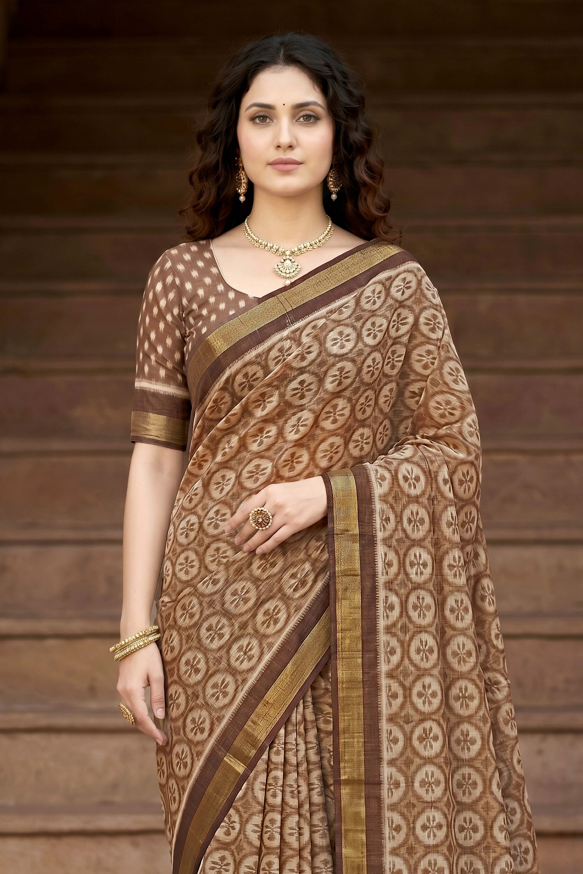 Sangam Prints Brown Cotton Print Woven Work Traditional Saree
