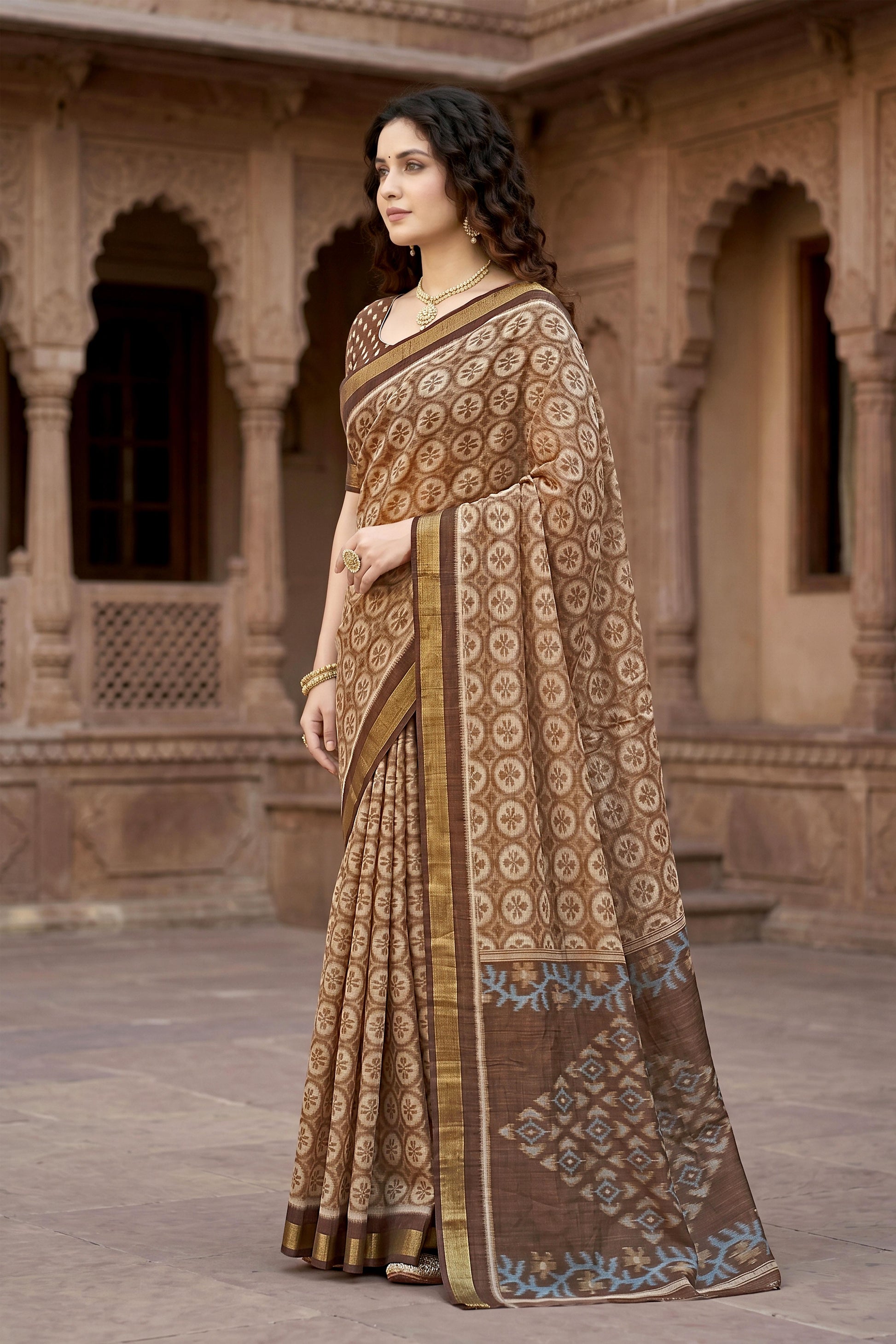 Sangam Prints Brown Cotton Print Woven Work Traditional Saree