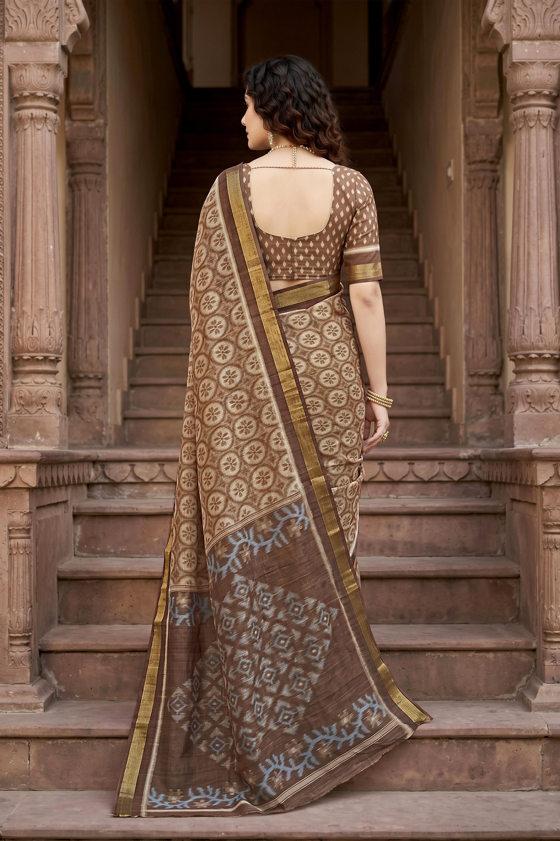 Sangam Prints Brown Cotton Print Woven Work Traditional Saree
