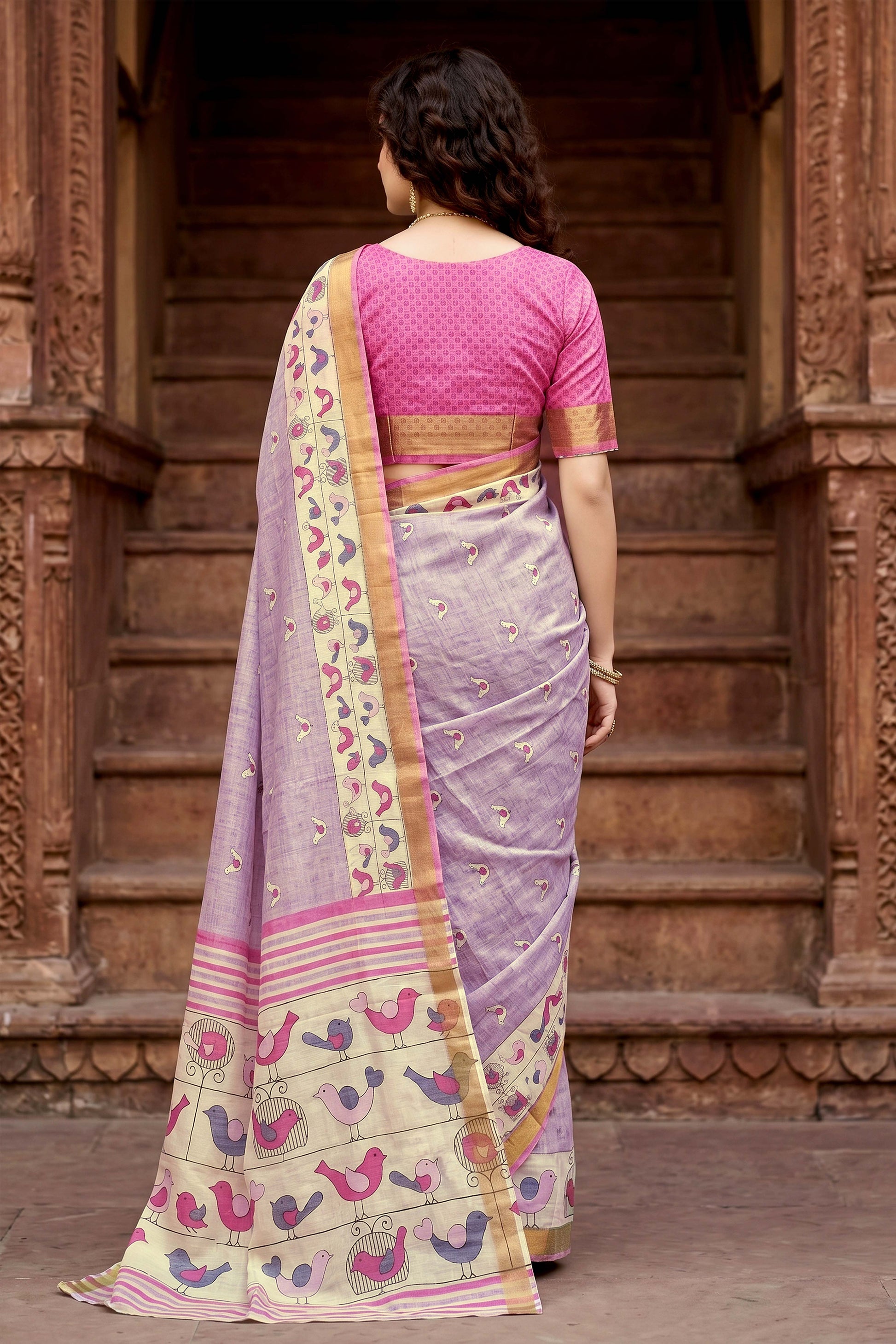 Sangam Prints Lavender Cotton Print Woven Work Traditional Saree