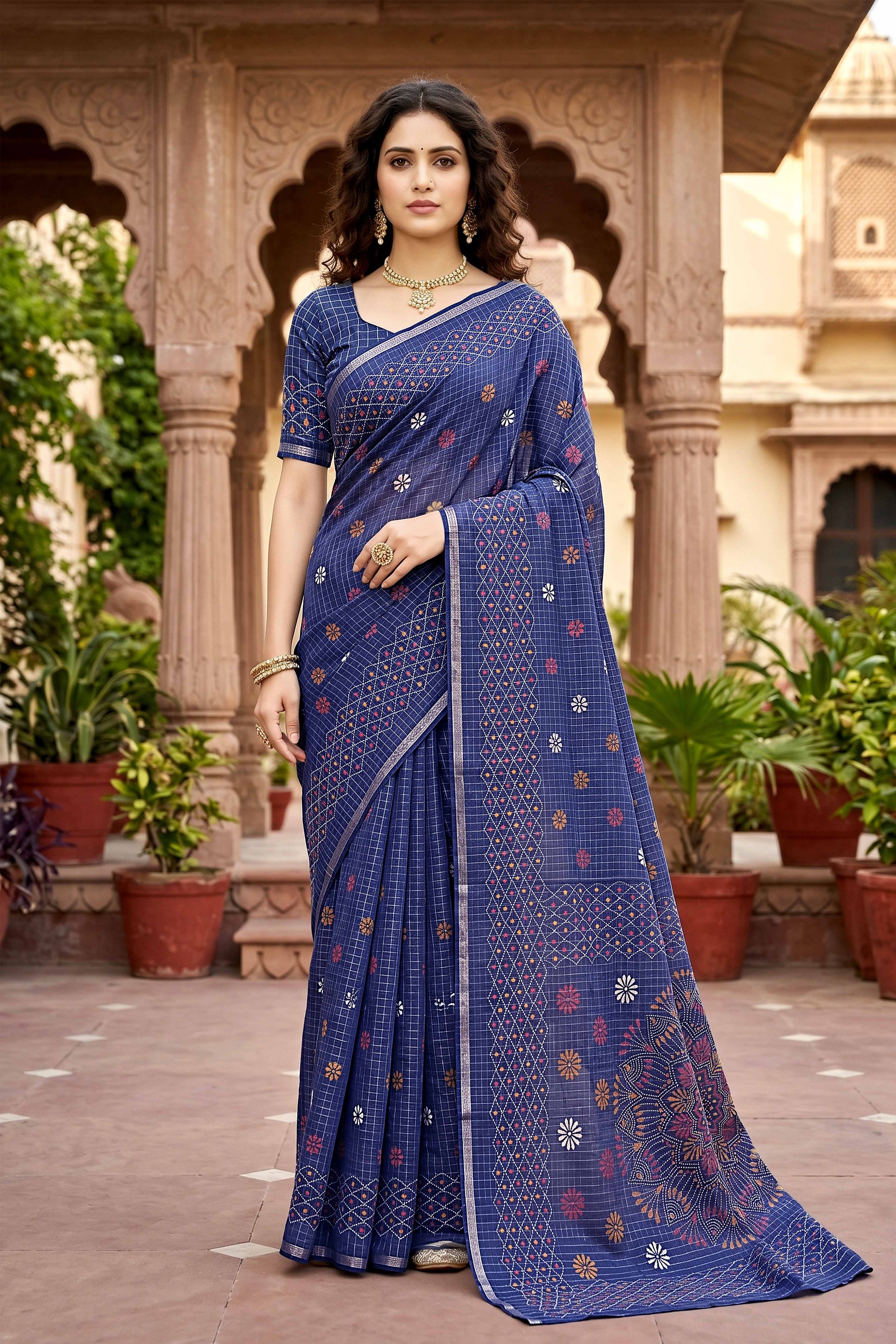 Sangam Prints Navy Blue Cotton Print Woven Work Traditional Saree