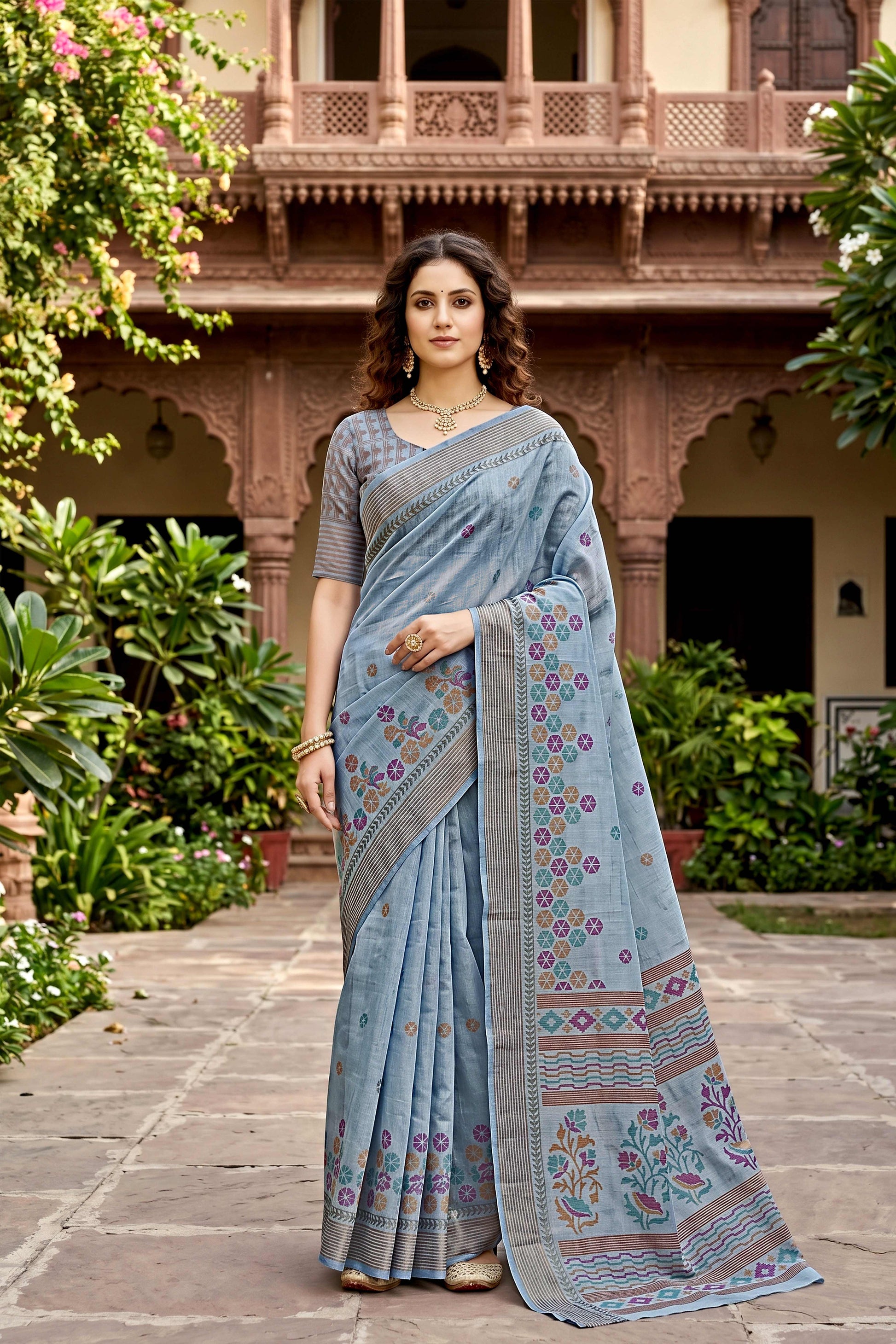 Sangam Prints Gray Cotton Print Woven Work Traditional Saree