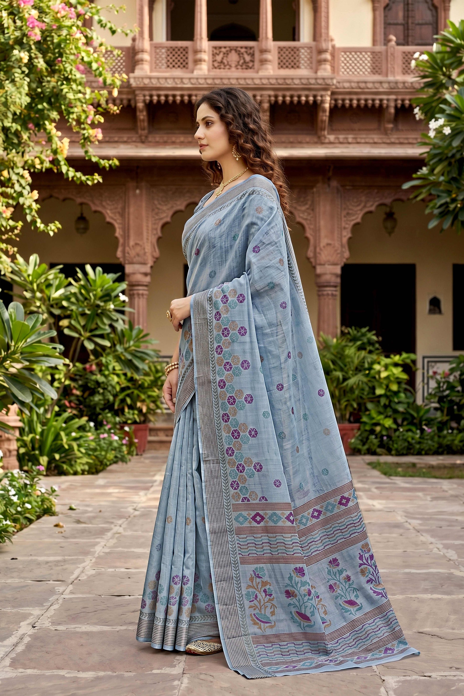 Sangam Prints Gray Cotton Print Woven Work Traditional Saree