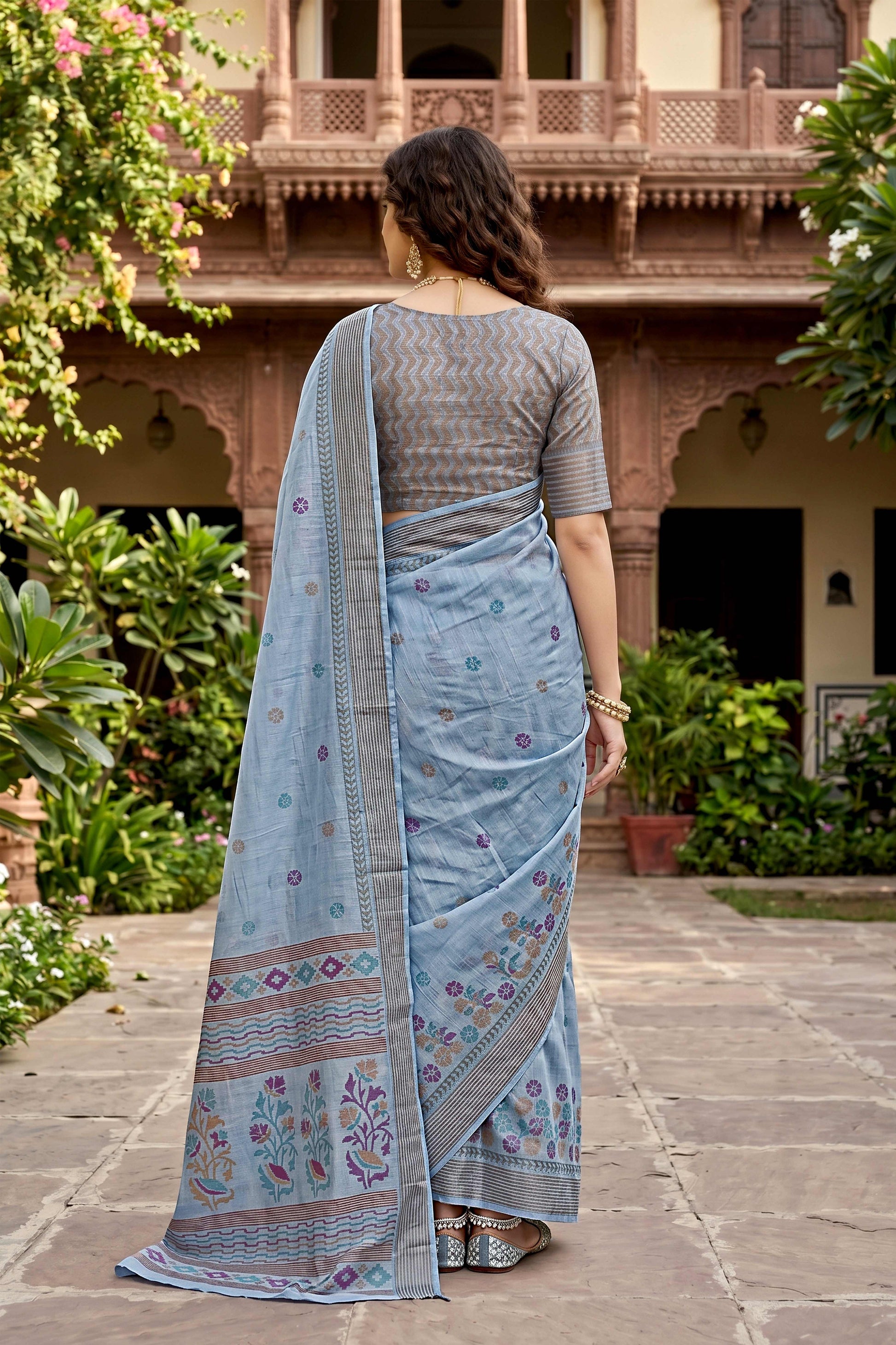 Sangam Prints Gray Cotton Print Woven Work Traditional Saree