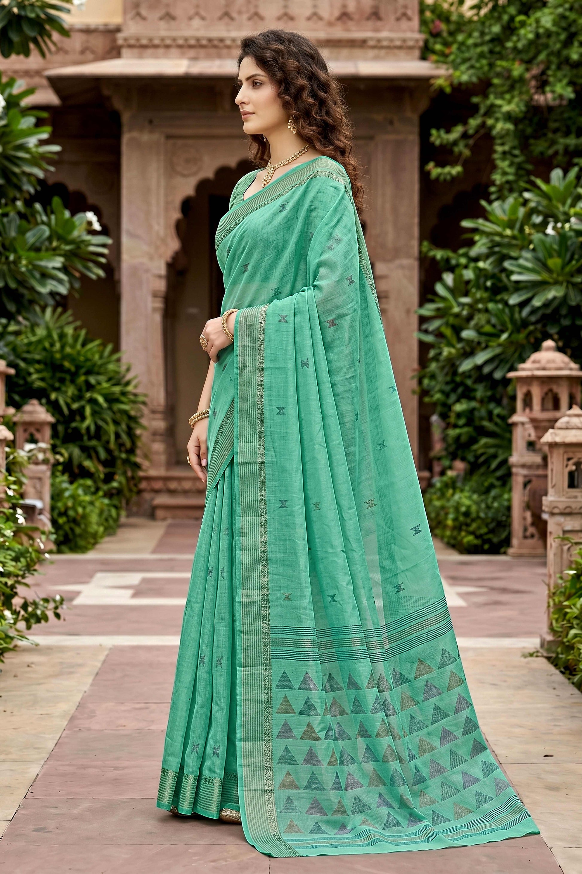 Sangam Prints Mint Green Cotton Print Woven Work Traditional Saree