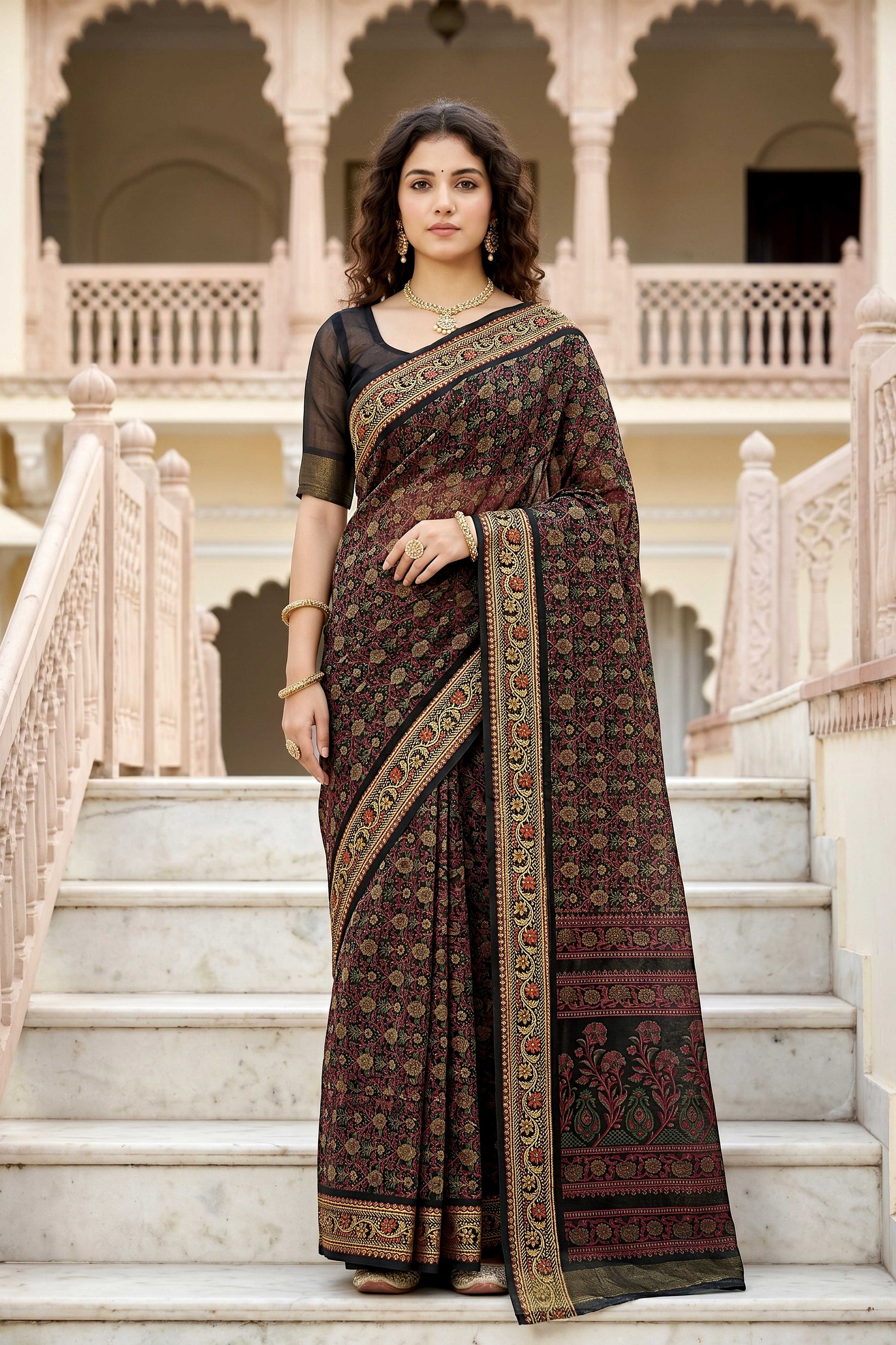Sangam Prints Brown Cotton Print Woven Work Traditional Saree