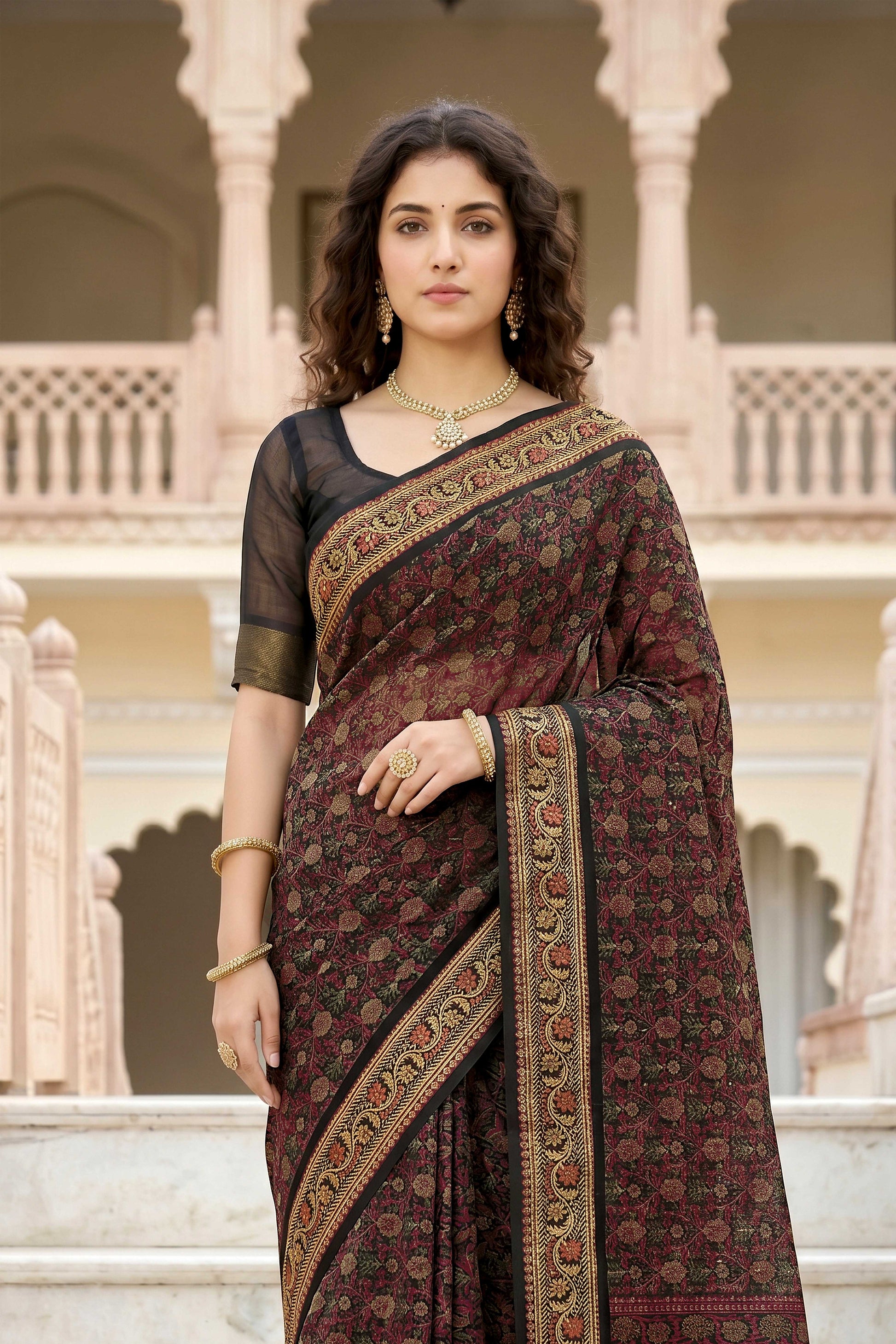 Sangam Prints Brown Cotton Print Woven Work Traditional Saree