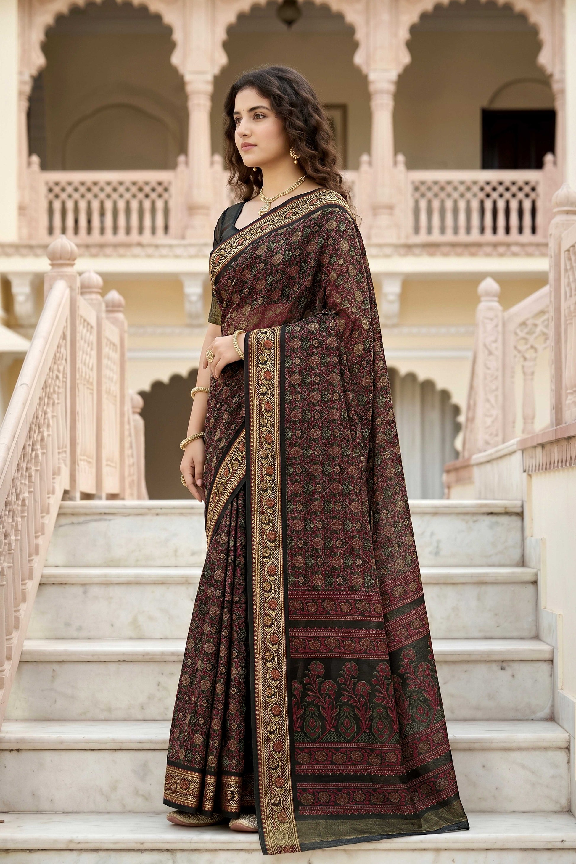 Sangam Prints Brown Cotton Print Woven Work Traditional Saree