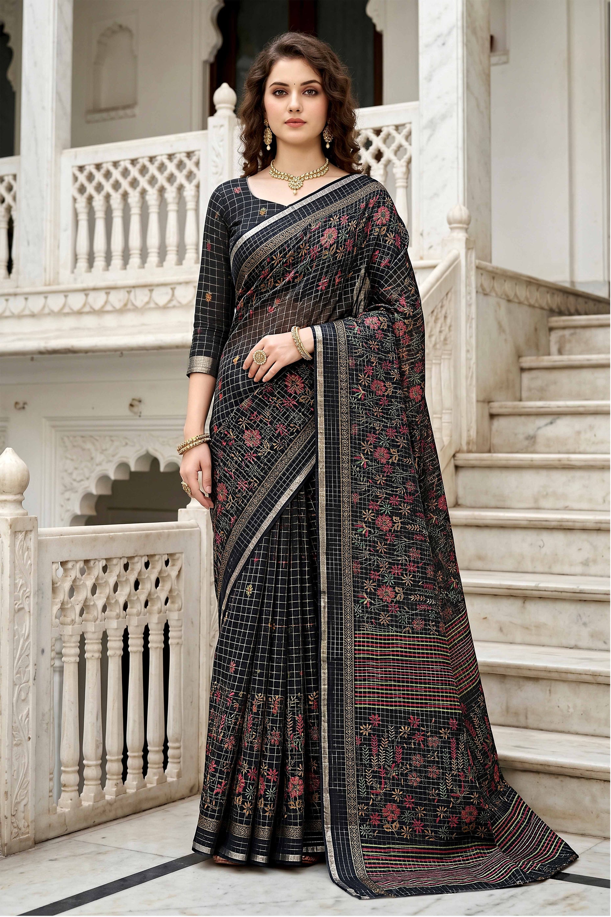 Sangam Prints Black Cotton Print Woven Work Traditional Saree