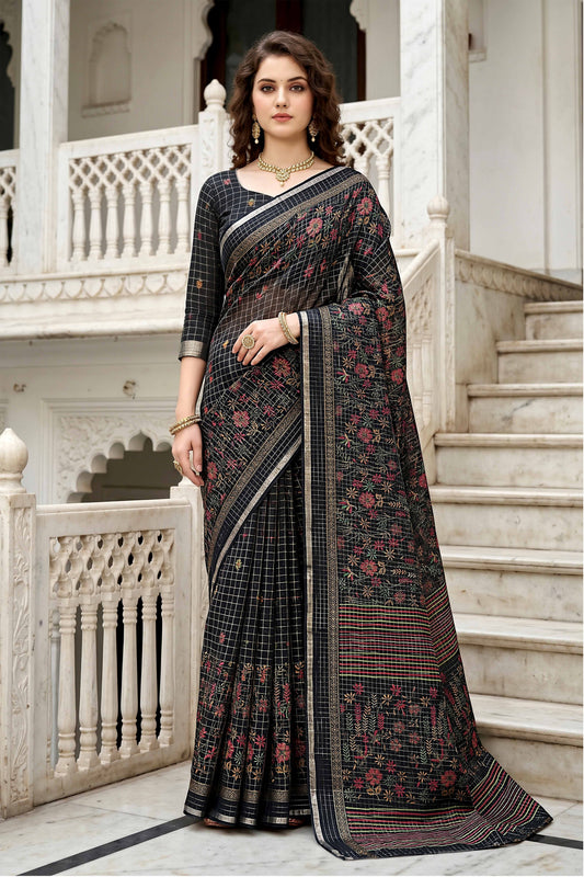 Sangam Prints Black Cotton Print Woven Work Traditional Saree