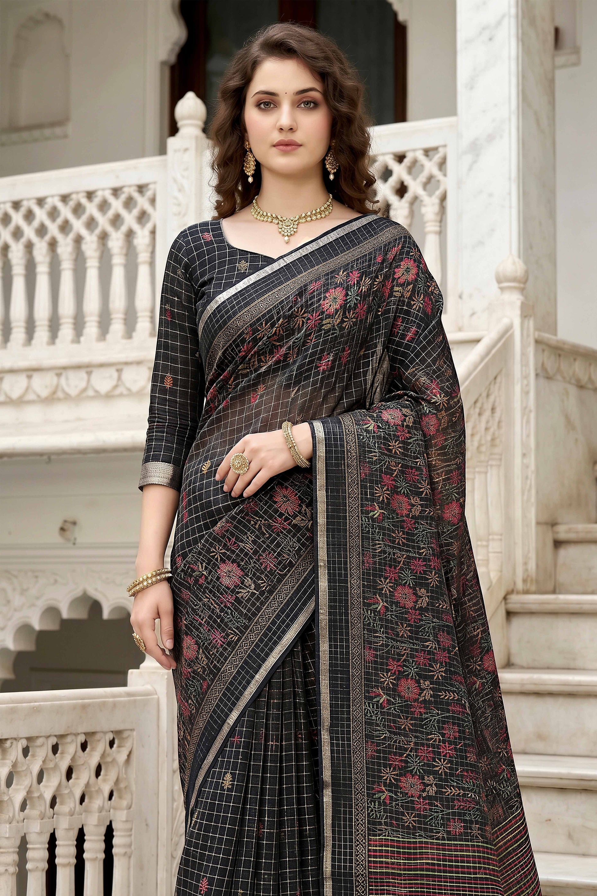 Sangam Prints Black Cotton Print Woven Work Traditional Saree