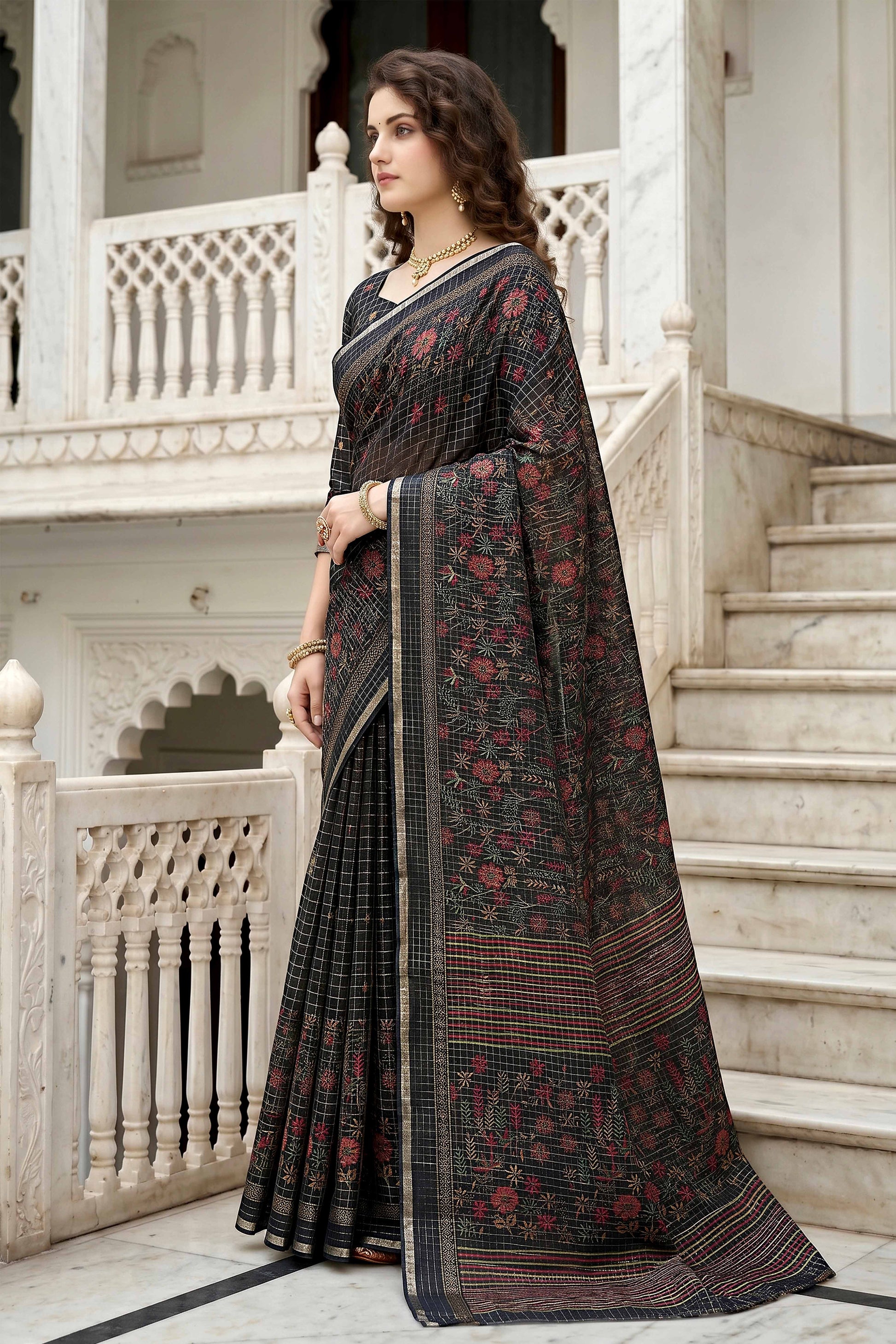 Sangam Prints Black Cotton Print Woven Work Traditional Saree