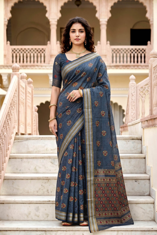 Sangam Prints Gray Cotton Print Woven Work Traditional Saree