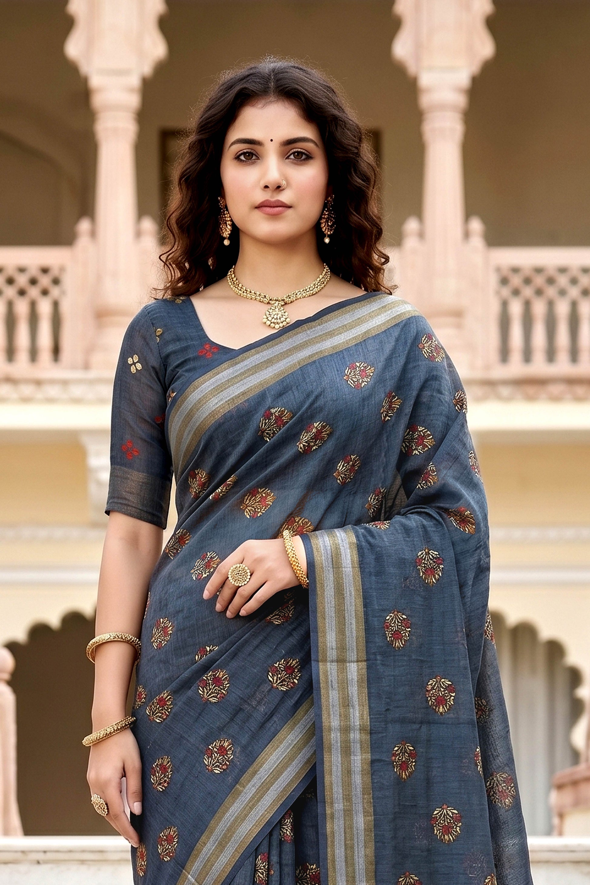 Sangam Prints Gray Cotton Print Woven Work Traditional Saree