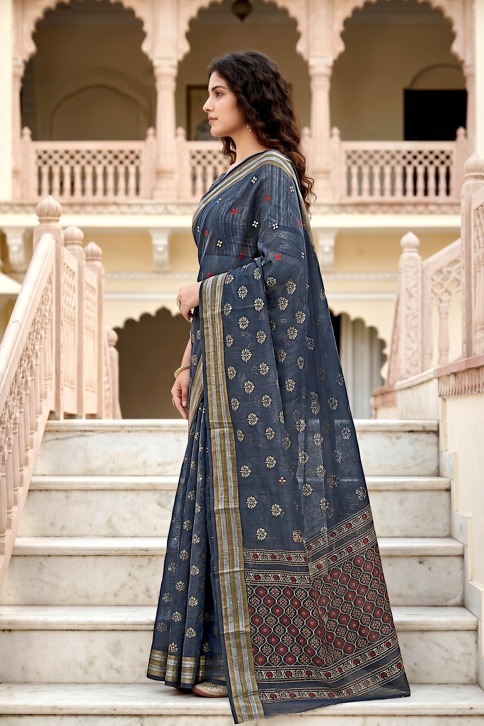 Sangam Prints Gray Cotton Print Woven Work Traditional Saree