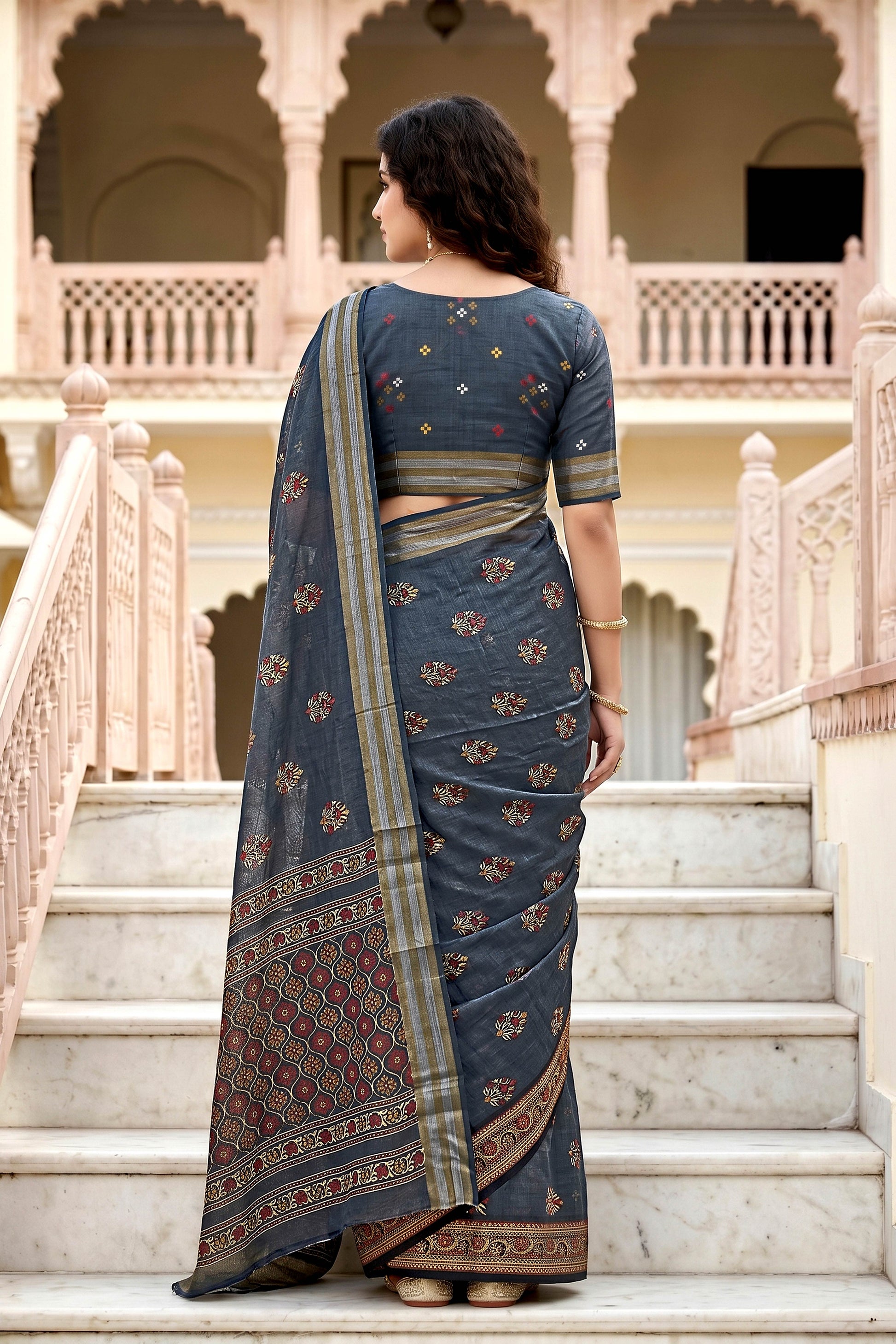 Sangam Prints Gray Cotton Print Woven Work Traditional Saree