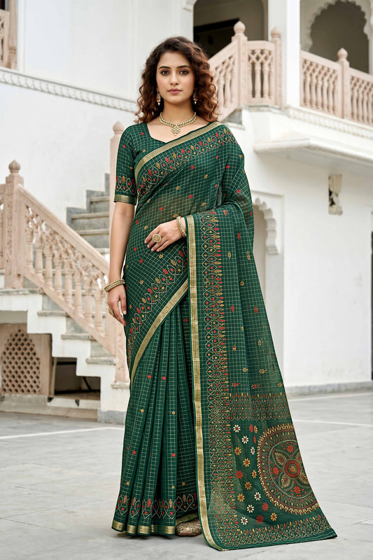 Sangam Prints Green Cotton Print Woven Work Traditional Saree