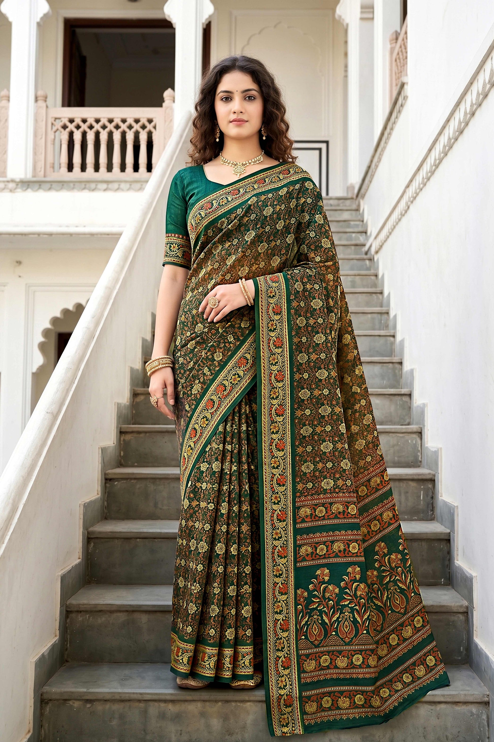 Sangam Prints Dark Green Cotton Print Woven Work Traditional Saree