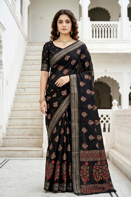 Sangam Prints Black Cotton Print Woven Work Traditional Saree