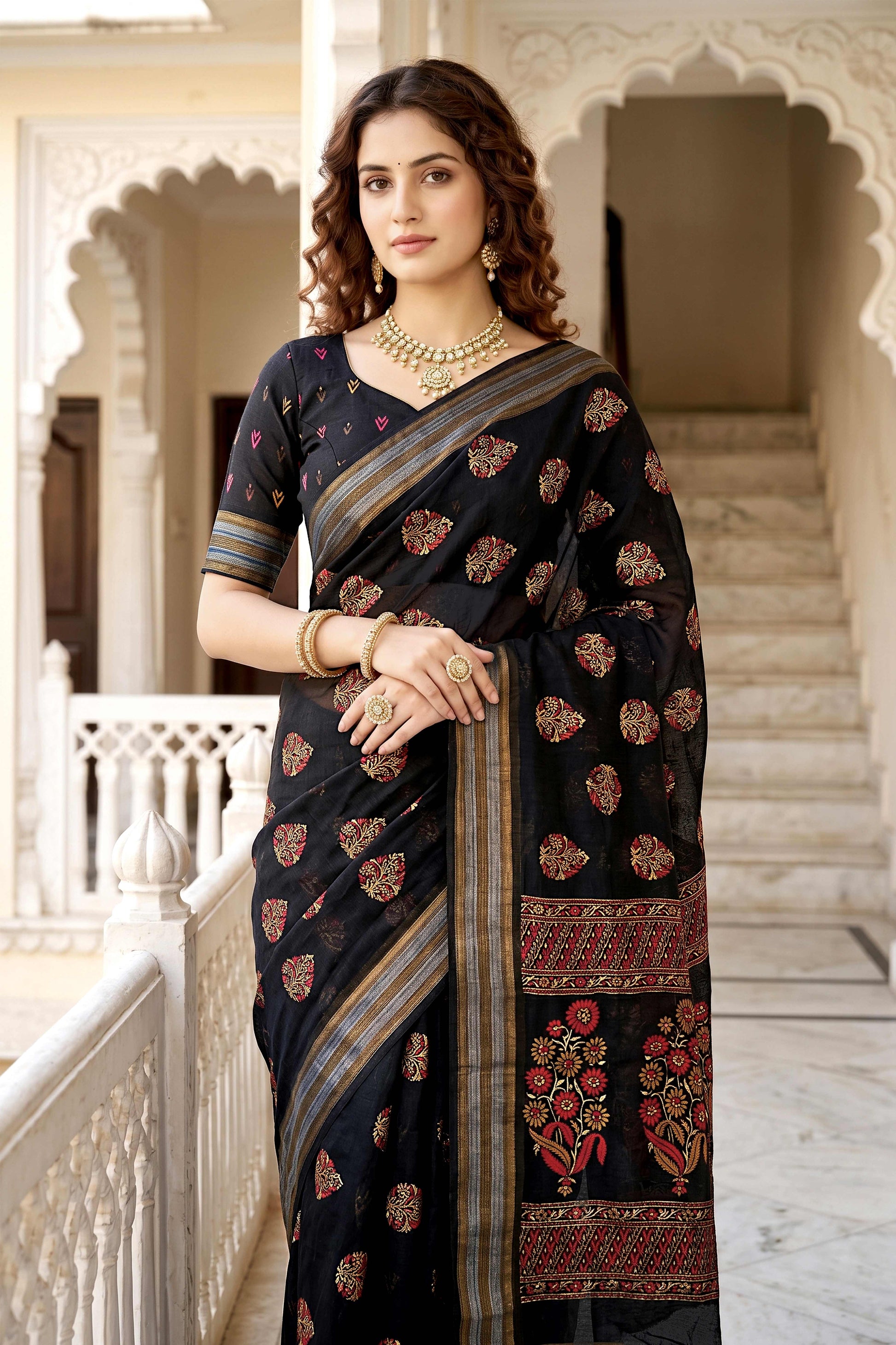 Sangam Prints Black Cotton Print Woven Work Traditional Saree