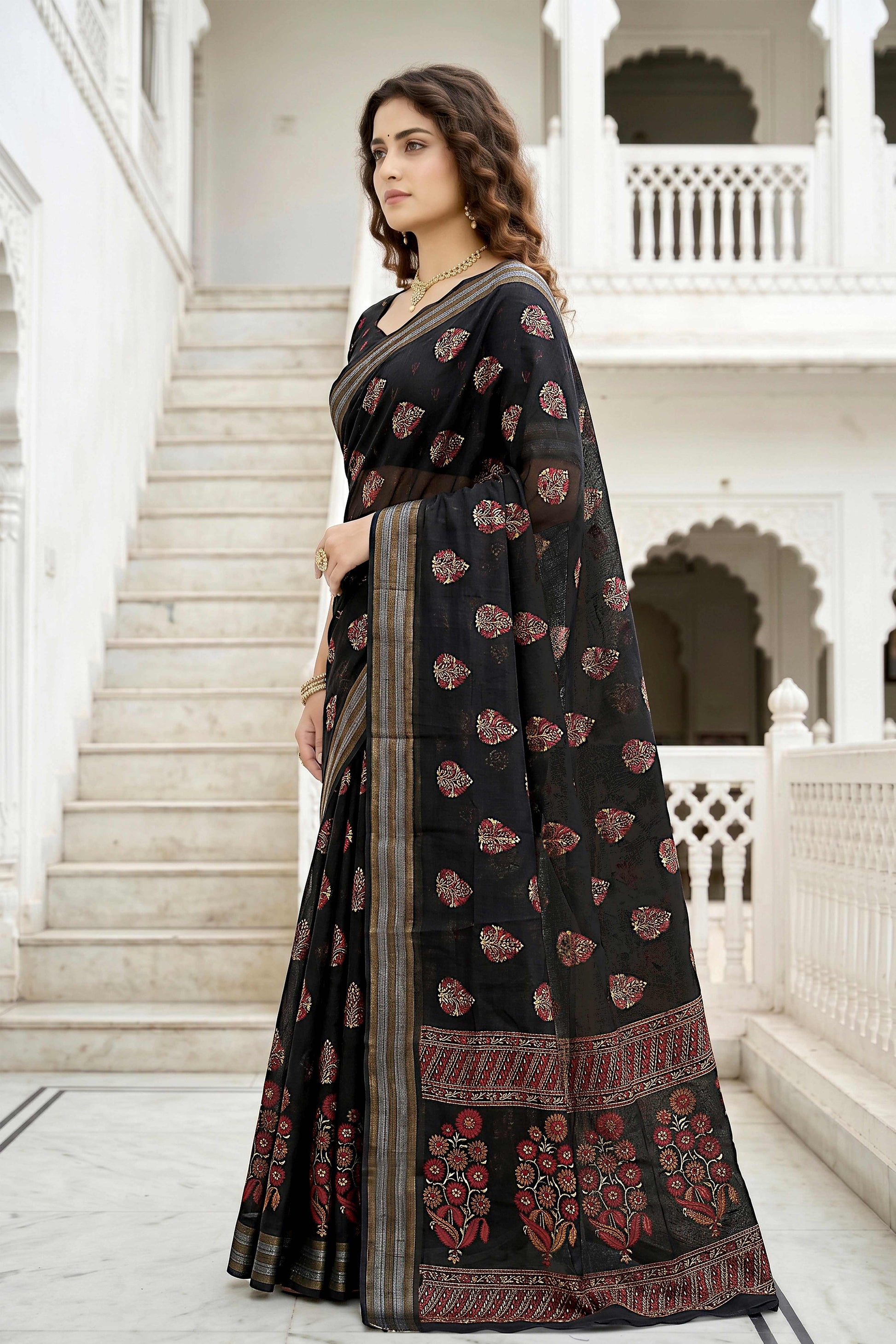 Sangam Prints Black Cotton Print Woven Work Traditional Saree