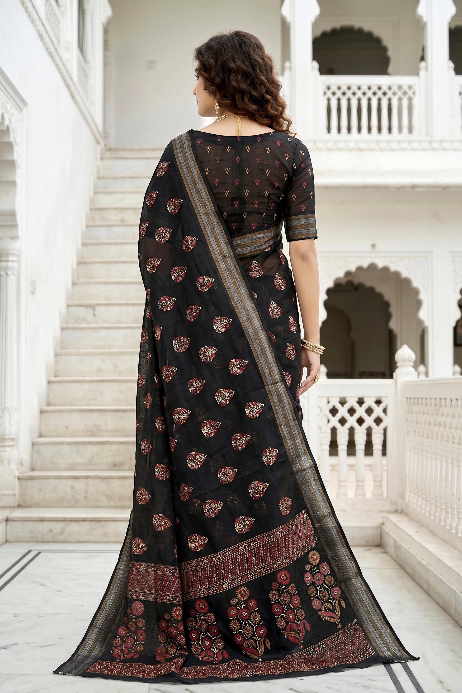 Sangam Prints Black Cotton Print Woven Work Traditional Saree