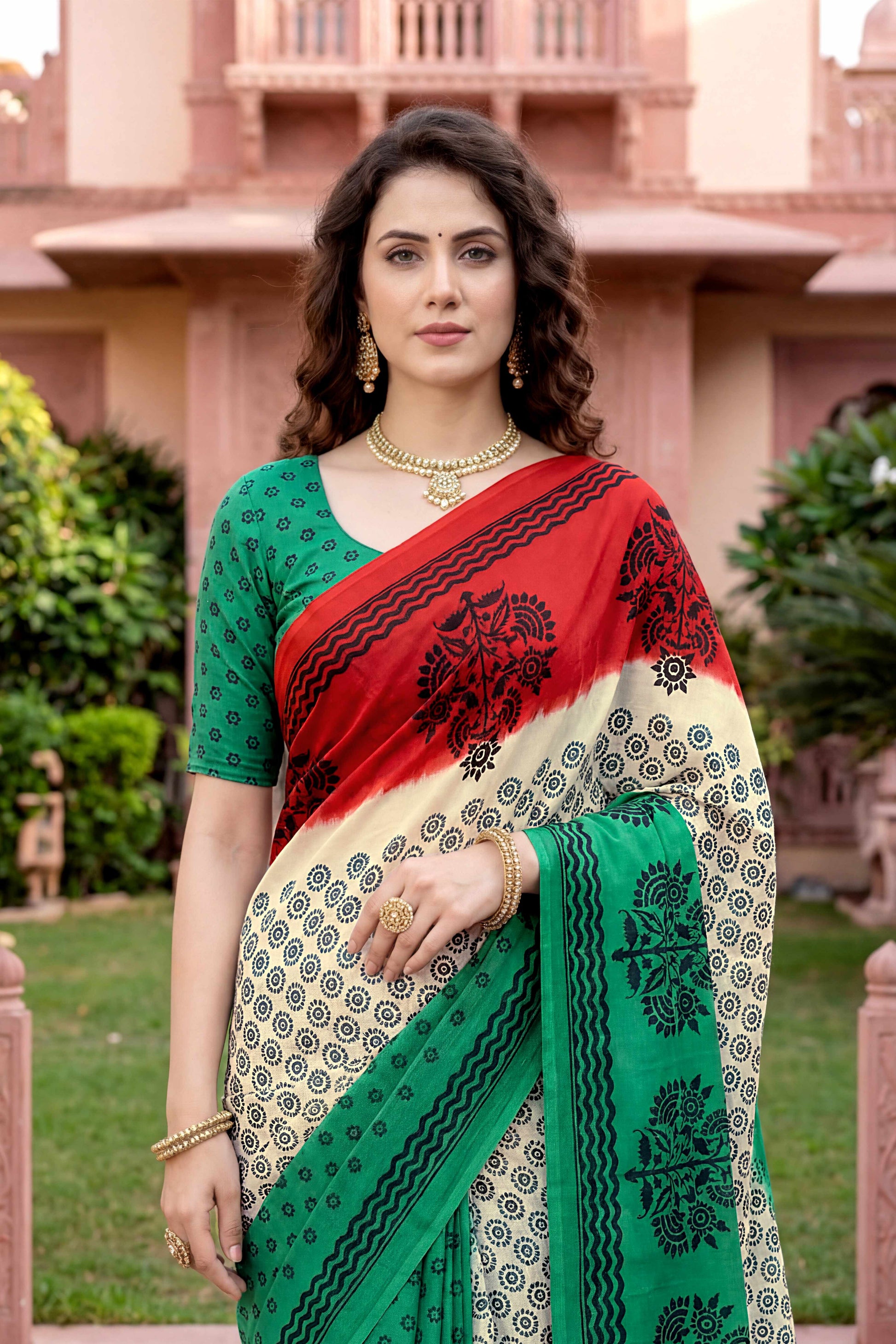 Sangam Prints Off-White Cotton Print Woven Work Traditional Saree
