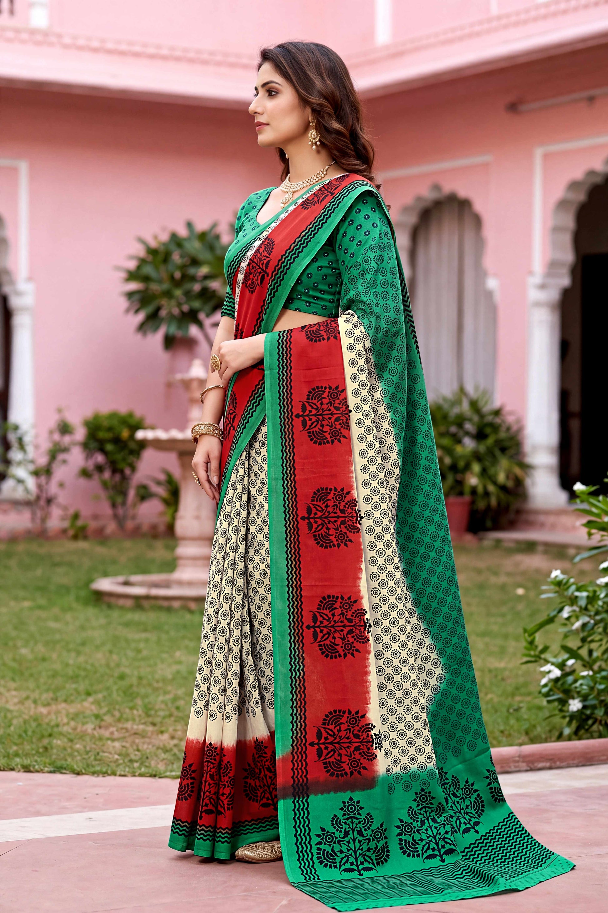 Sangam Prints Off-White Cotton Print Woven Work Traditional Saree