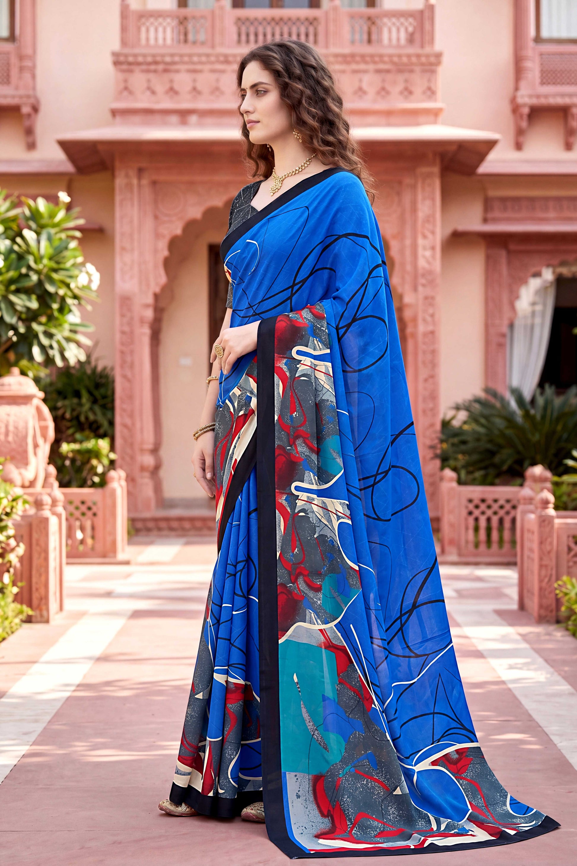 Sangam Prints Blue Cotton Print Woven Work Traditional Saree