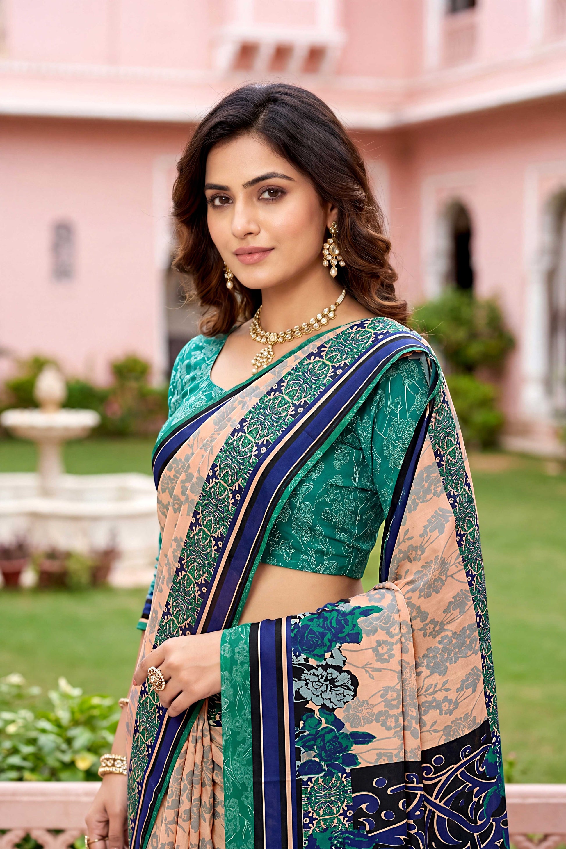 Sangam Prints Peach Cotton Print Woven Work Traditional Saree