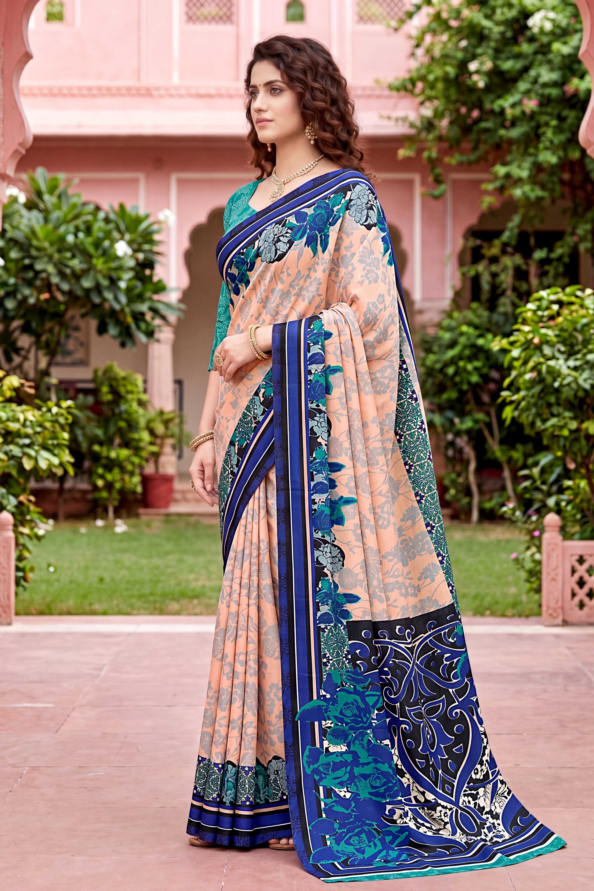 Sangam Prints Peach Cotton Print Woven Work Traditional Saree
