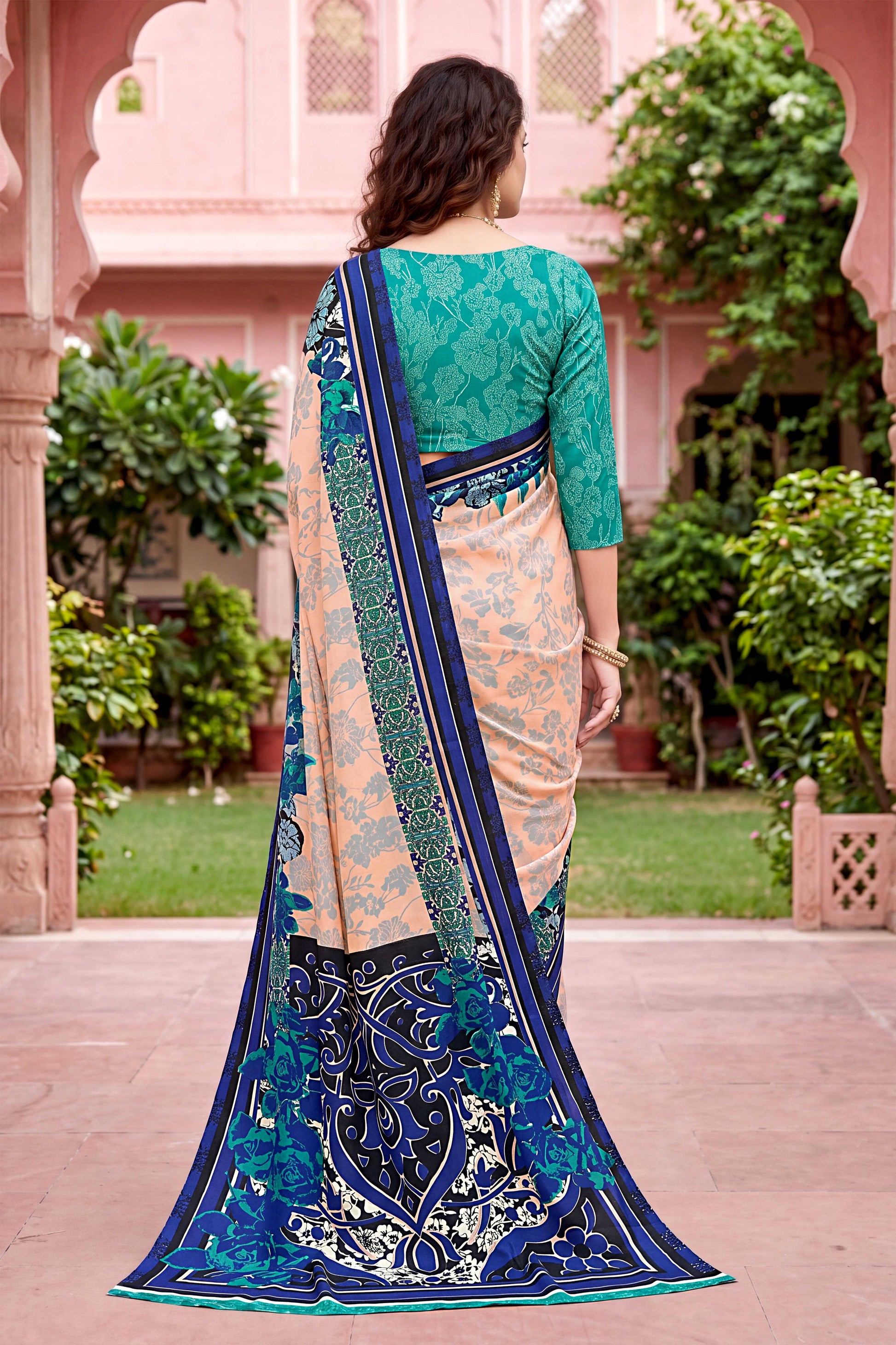 Sangam Prints Peach Cotton Print Woven Work Traditional Saree