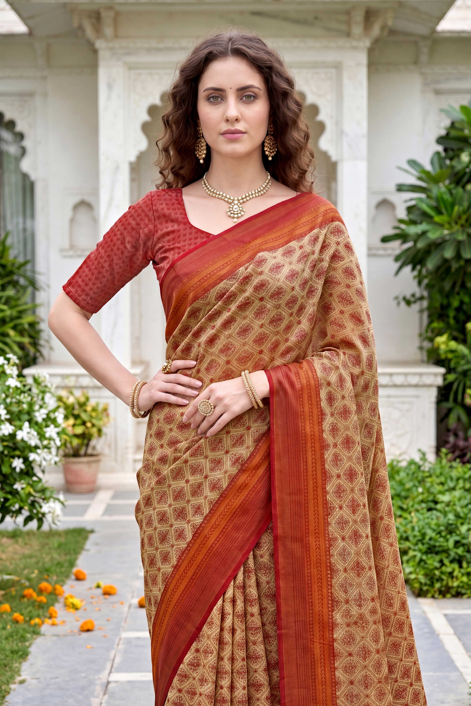 Sangam Prints Beige Cotton Print Woven Work Traditional Saree