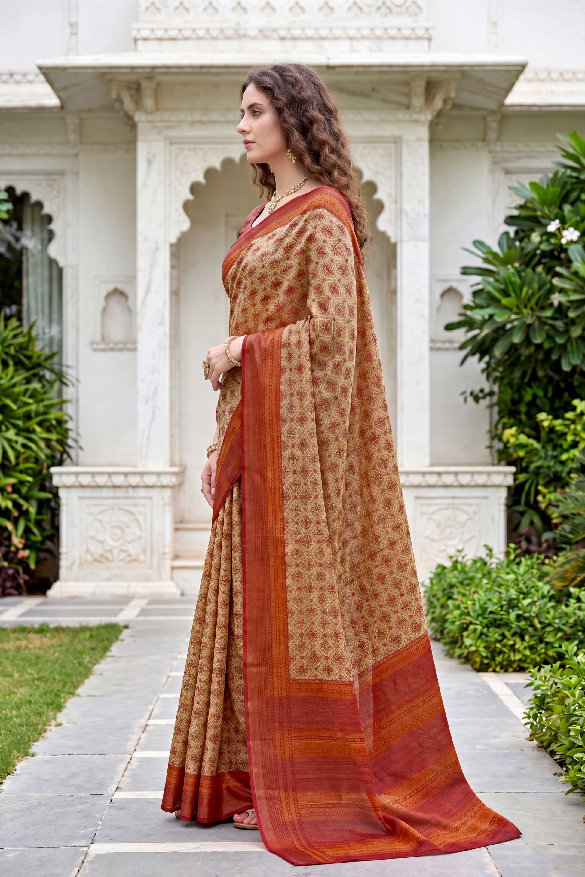 Sangam Prints Beige Cotton Print Woven Work Traditional Saree