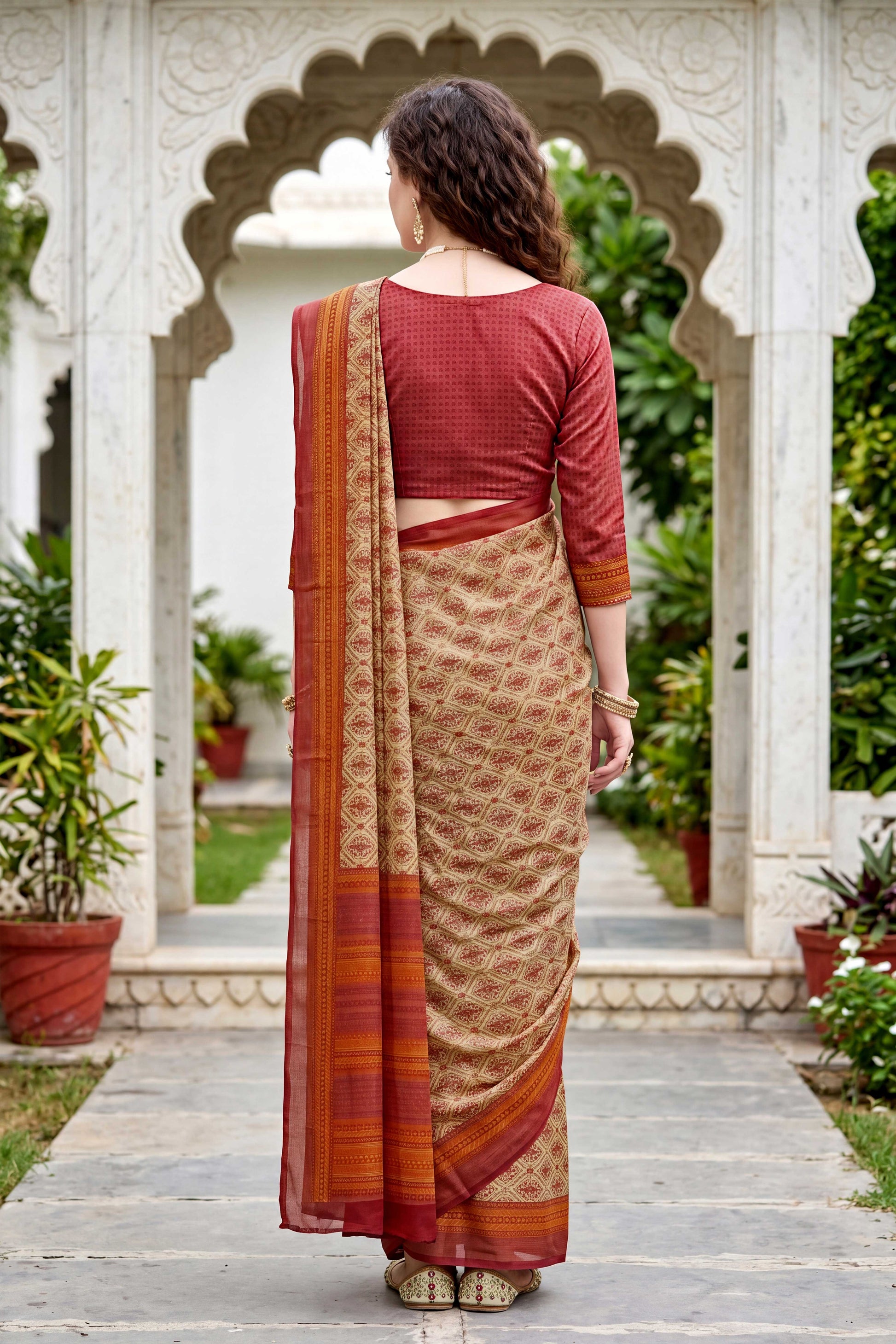 Sangam Prints Beige Cotton Print Woven Work Traditional Saree