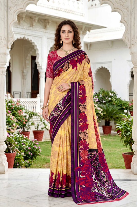 Sangam Prints Yellow Cotton Print Woven Work Traditional Saree