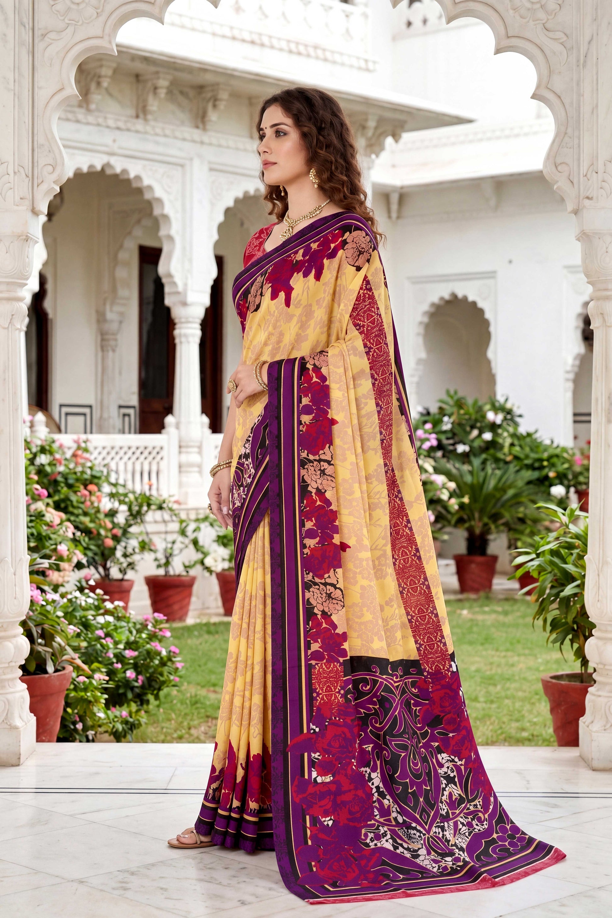 Sangam Prints Yellow Cotton Print Woven Work Traditional Saree