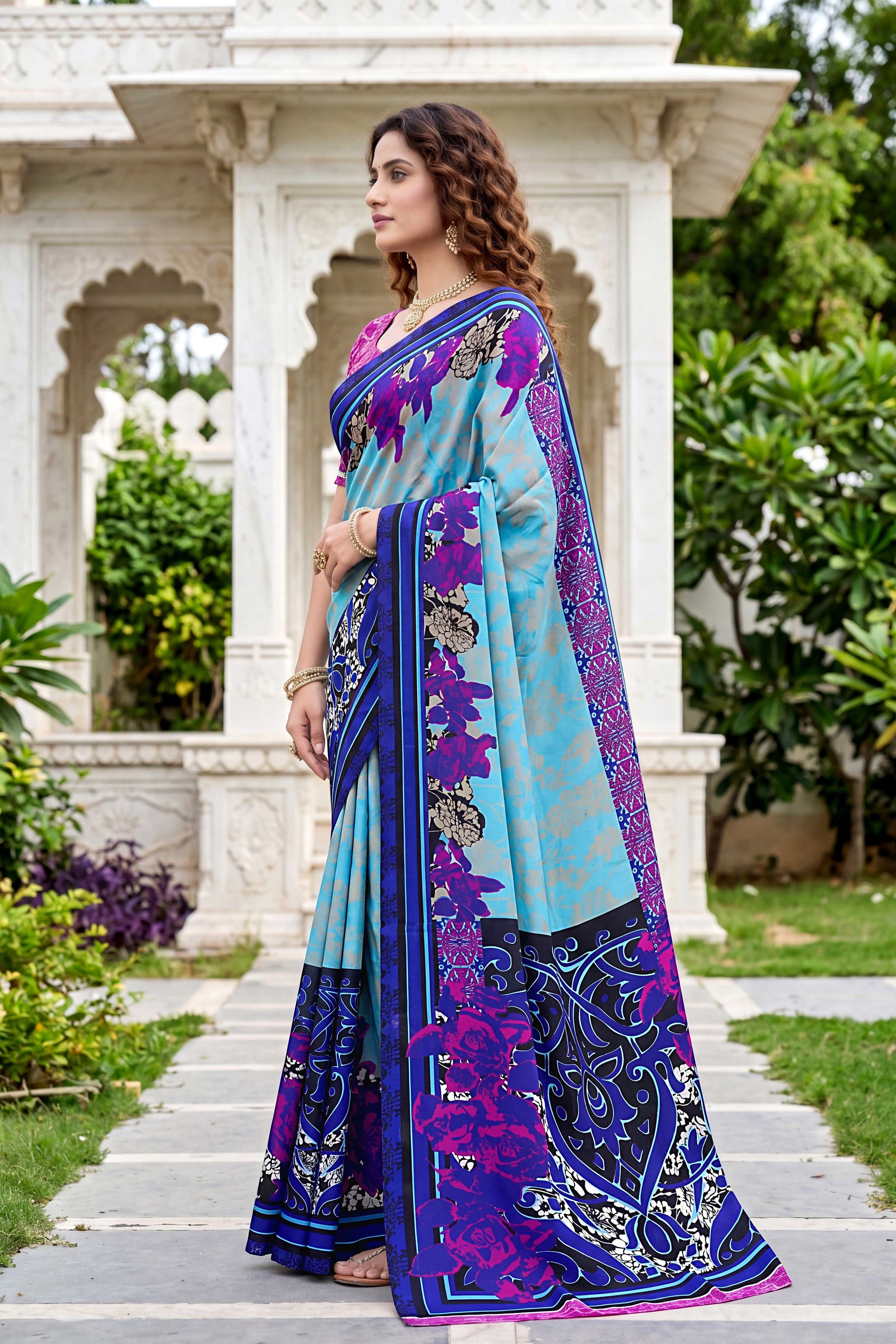 Sangam Prints Sky Blue Cotton Print Woven Work Traditional Saree