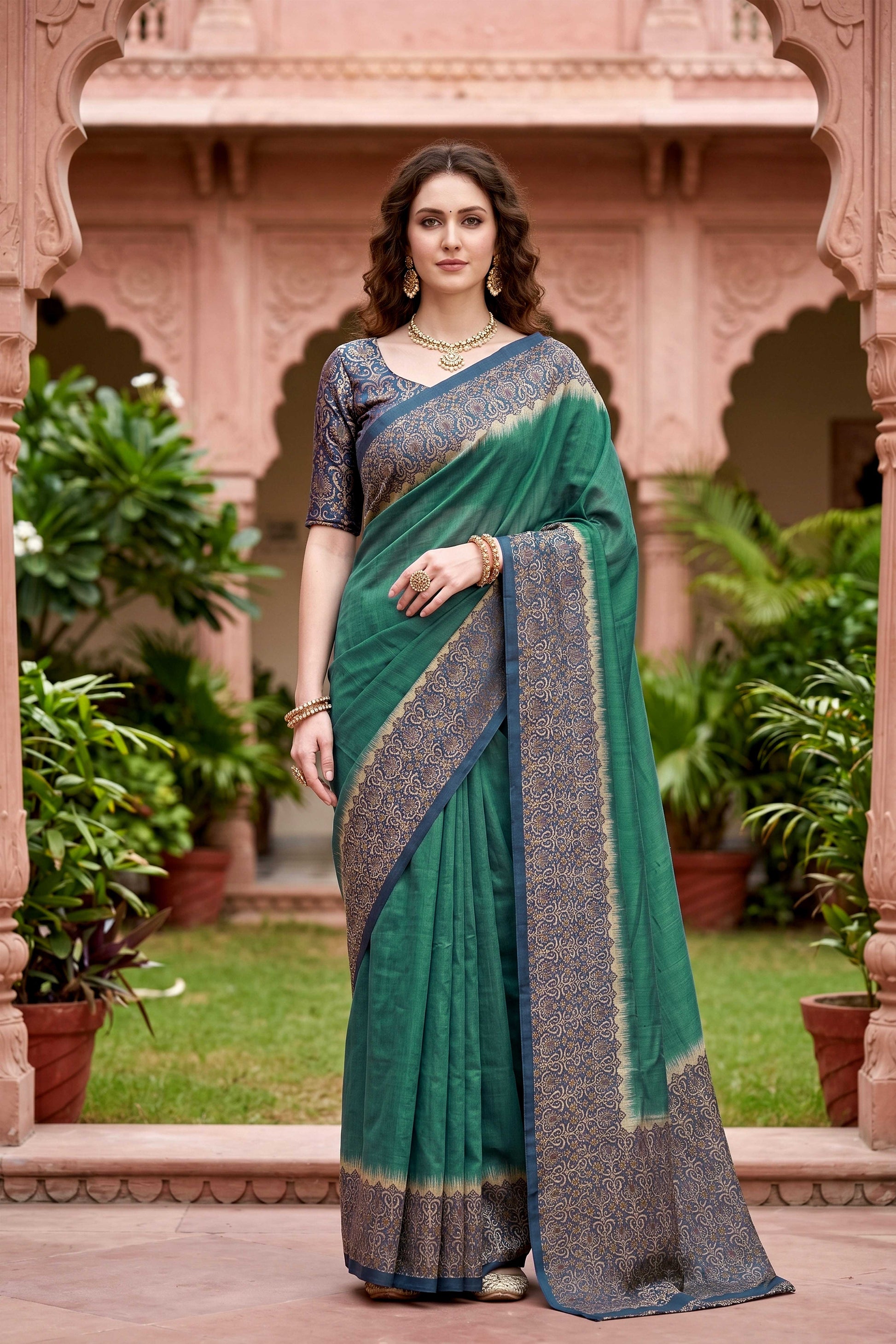 Sangam Prints Green Cotton Print Woven Work Traditional Saree