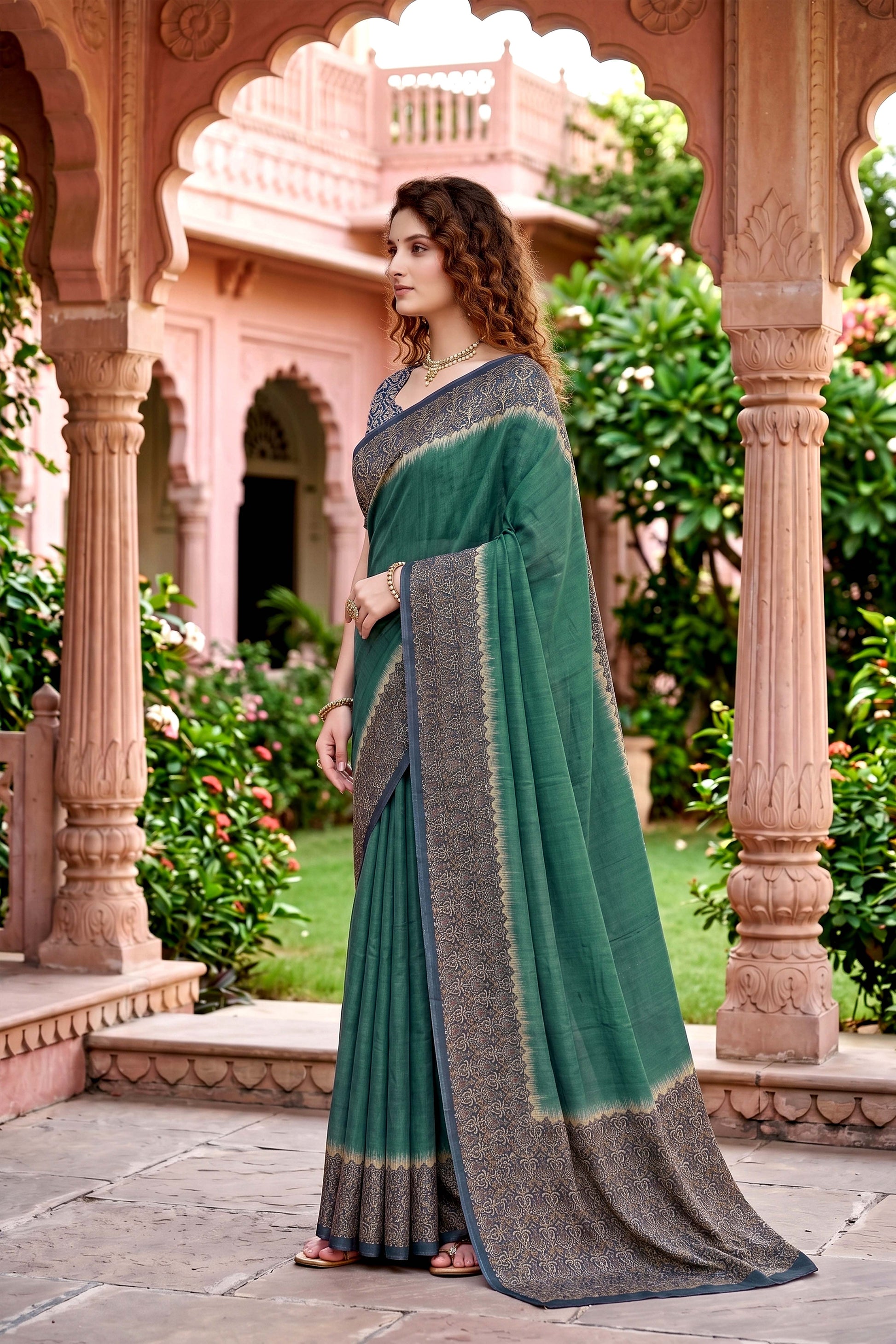 Sangam Prints Green Cotton Print Woven Work Traditional Saree
