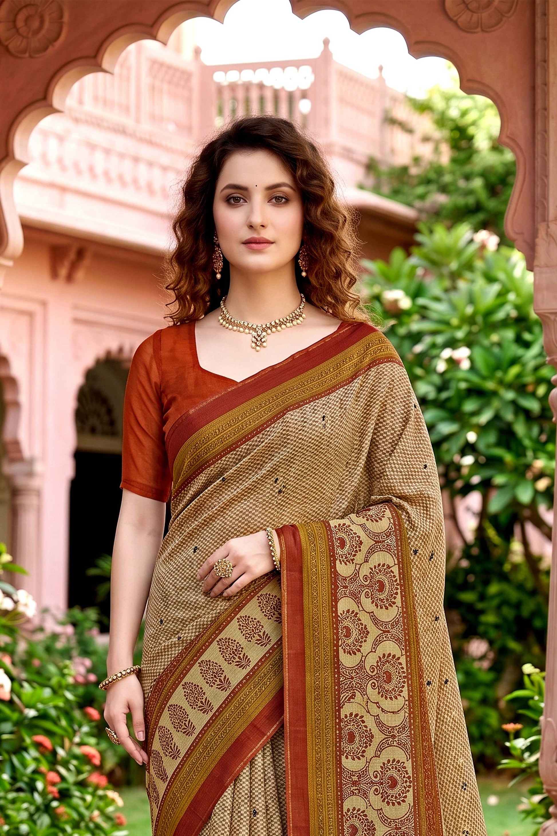 Sangam Prints Beige Cotton Print Woven Work Traditional Saree