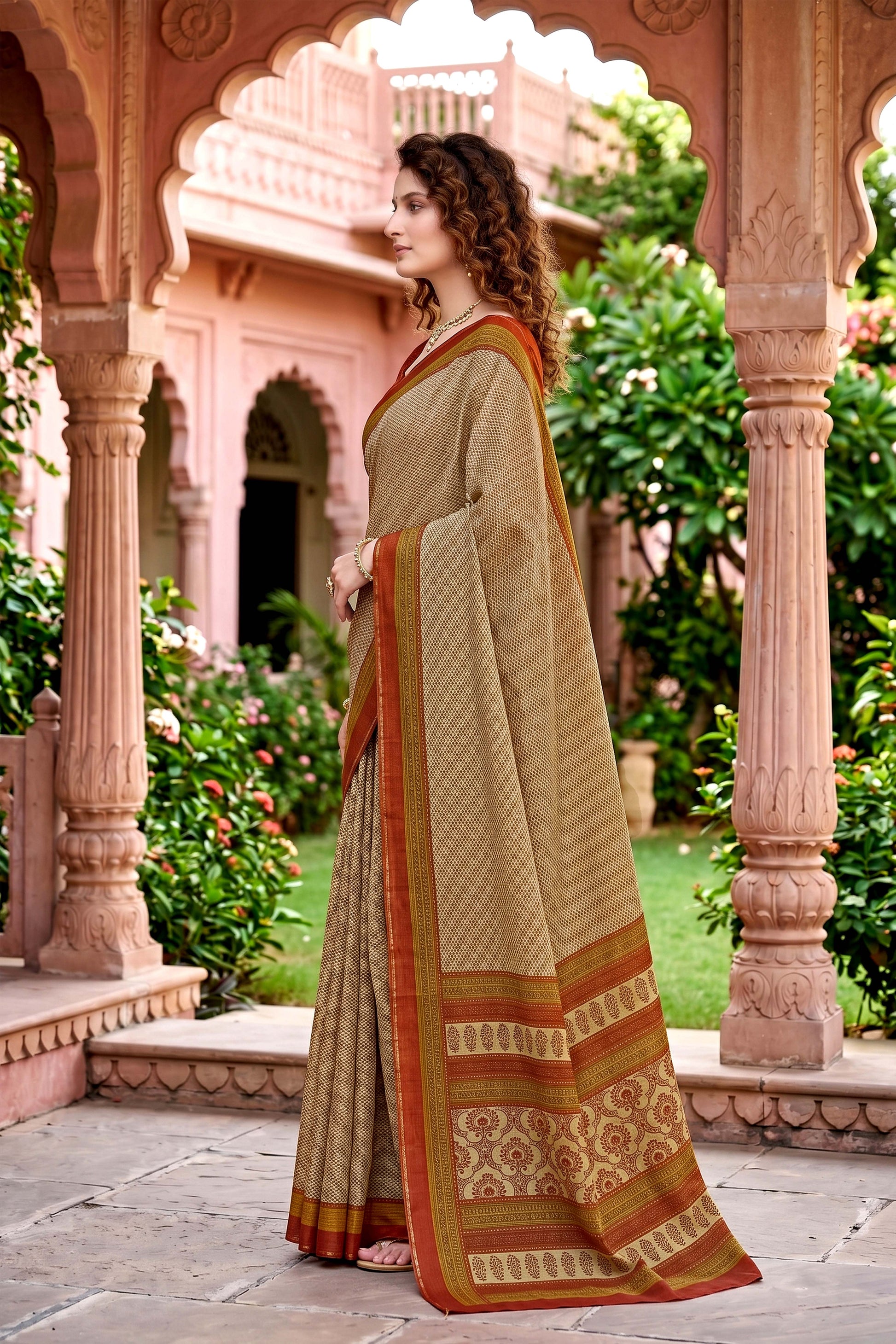 Sangam Prints Beige Cotton Print Woven Work Traditional Saree